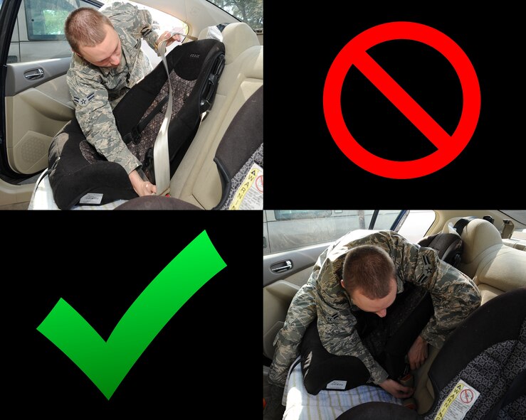 An Airmen demonstrates the correct and incorrect ways to secure a child safety seat. The Family Advocacy program is teaming up with the Caddo Parish Sheriff's Department under the motto "Connect, Inspect, and Protect" to ensure child safety seats are installed properly. There will be car seat checkpoints set up at the Child Development Centers on Barksdale Air Force Base, La., April 26, 2013 where volunteers, who have been trained in proper car seat installation, can verify a participants car seat has been installed properly, and if not, will properly install it for them. (U.S. Air Force Illustration/Senior Airman Sean Martin)