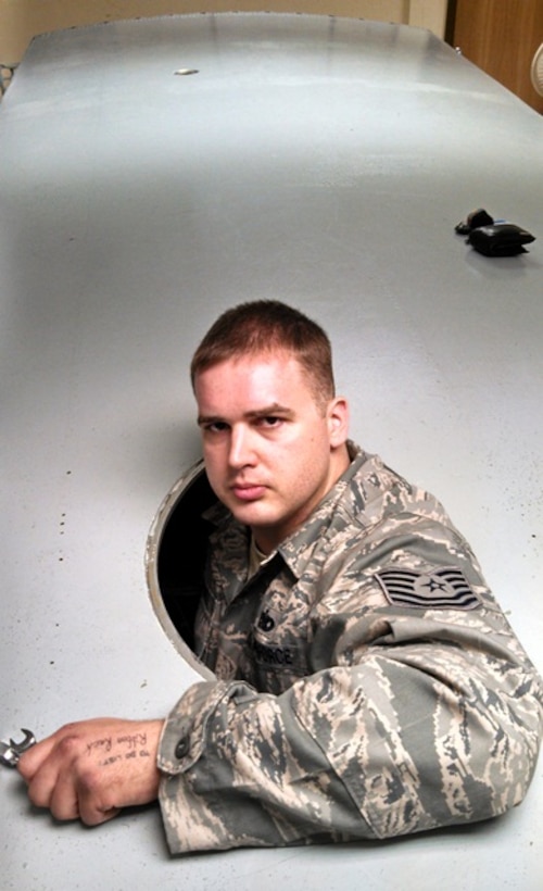 Tech. Sgt. Jeremy Blackwell, an Aircraft Fuel Systems apprentice student, works on a fuel tank during training at the 361st Training Squadron at Sheppard Air Force Base, Texas, April 17, 2013.  Blackwell earned the ACE award for finishing the course with a 100 percent academic average. (U.S. Air Force courtesy photo)
