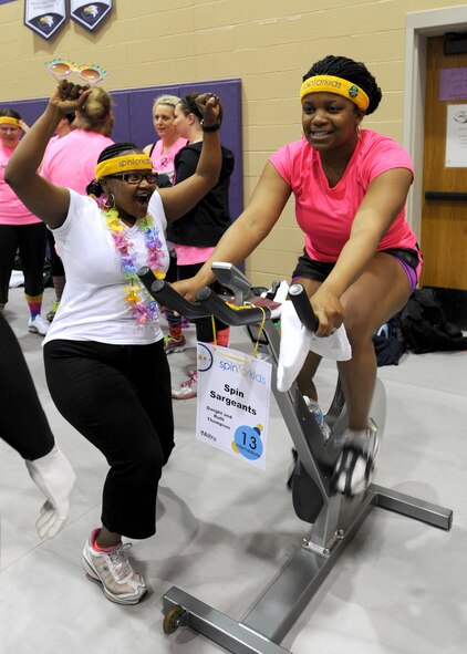 Staff Sgt. Althea Hunter pedals for a children’s local charity during the Spin for Kids fundraiser on April 6, 2013, in the city of Grand Forks, N.D.  Hunter was named the Grand Forks Air Force Warrior of the Week for the third week of April 2013. (U.S. Air Force photo/Airman 1st Class Xavier Navarro)