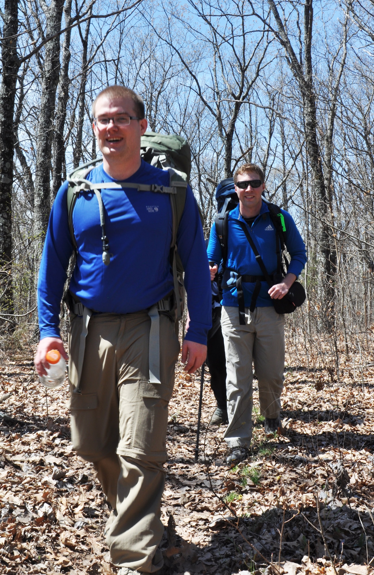 Staff Sgt. Derrick McDowell, 375th Communication Support, senior application developer is leading the way up the trail as Senior Airman Timothy Sentz, 375th Communications Squadron, client system technician follows. The hike was part of Single Airmen's Initiative that Outdoor Recreation put on to help foster a community for single airmen. (U.S. Air Force photo by Airman Megan Friedl)