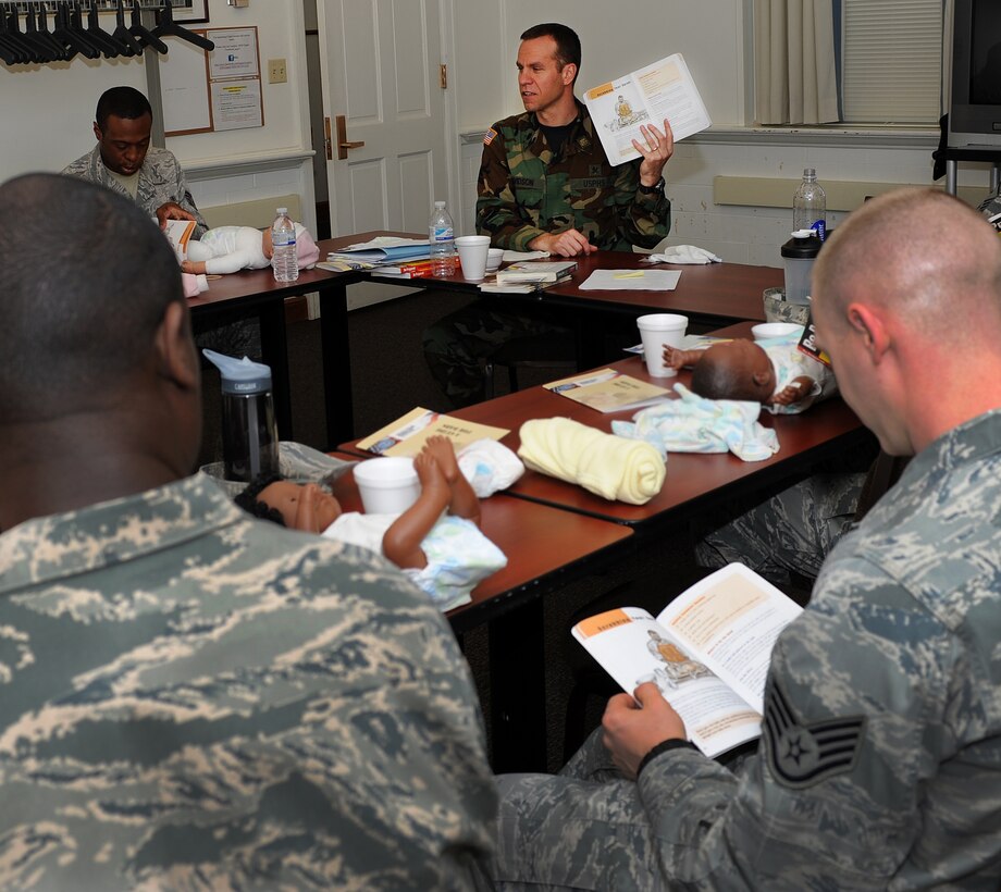 U.S. Public Health Service Commander Bryan Davidson leads a workshop for new and expecting fathers at Langley Air Force Base, Va. April 11, 2013. The workshop is for first-time and experienced fathers. (U.S. Air Force photo by Senior Airman Teresa Aber/Released)