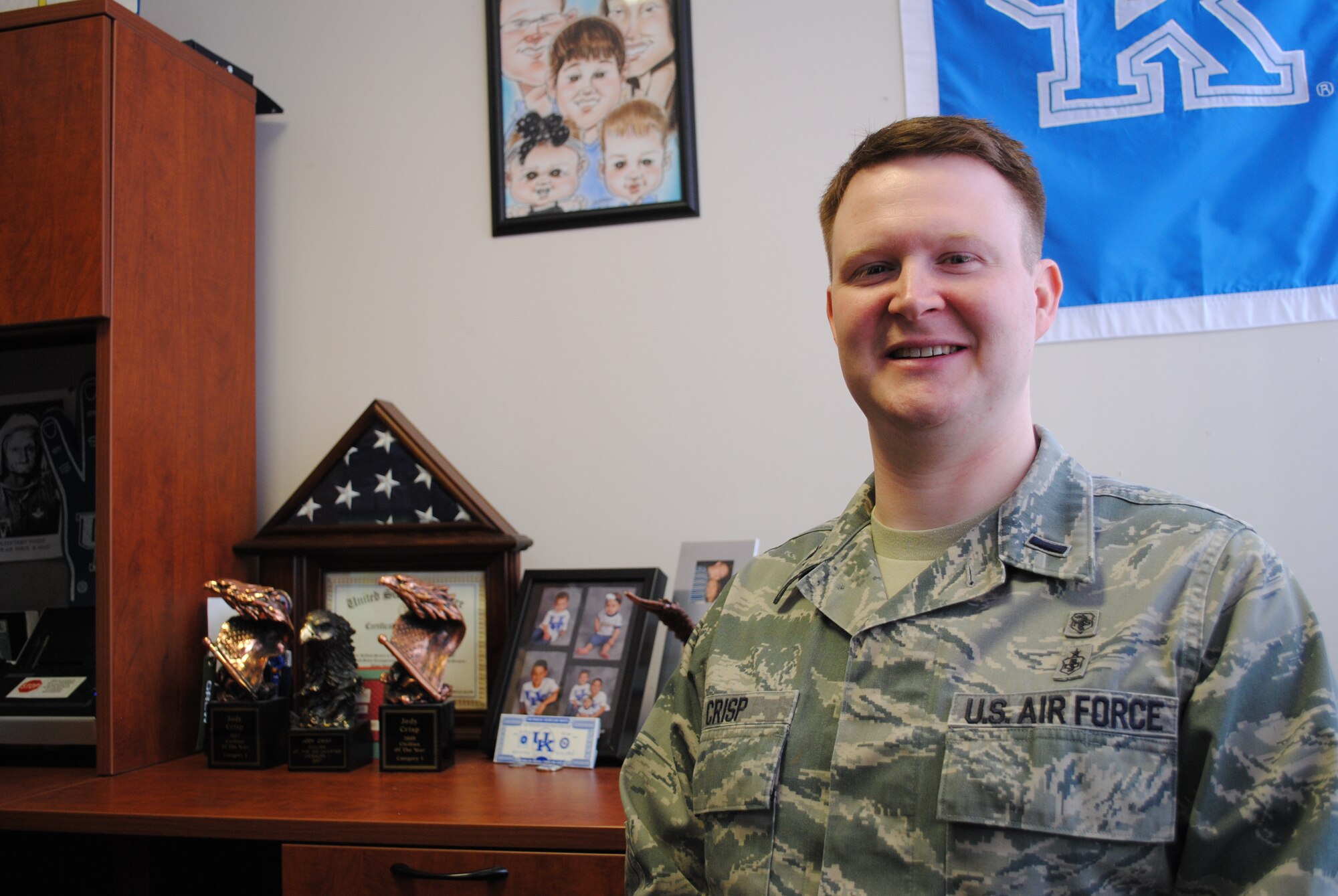 First Lt. Jody Crisp was recognized with a Military Outstanding Volunteer Service Medal on March 29, 2013, for his support to the Protestant community of Grand Forks Air Force Base, N.D. He was one of a group of four Airmen, who received the medal for performing substantial volunteer service to the local community. (U.S. Air Force photo/Staff Sgt. Luis Loza Gutierrez)