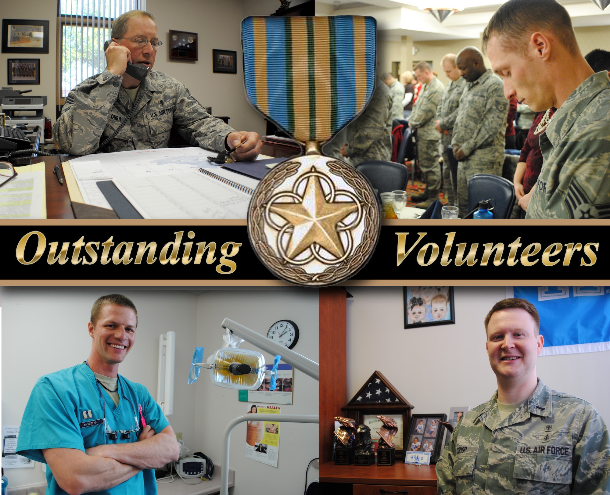 Capt. Matthew Moberg (lower left), 1st Lt. Jody Crisp (lower right), Chief Master Sgt. Karl Ohrn (upper left) and Staff Sgt. Jere Ross, from Grand Forks Air Force Base, N.D., were each awarded a Military Outstanding Volunteer Service Medal. The four men performed substantial volunteer service to the local community. (U.S. Air Force photos and graphic/Staff Sgt. Luis Loza Gutierrez)
