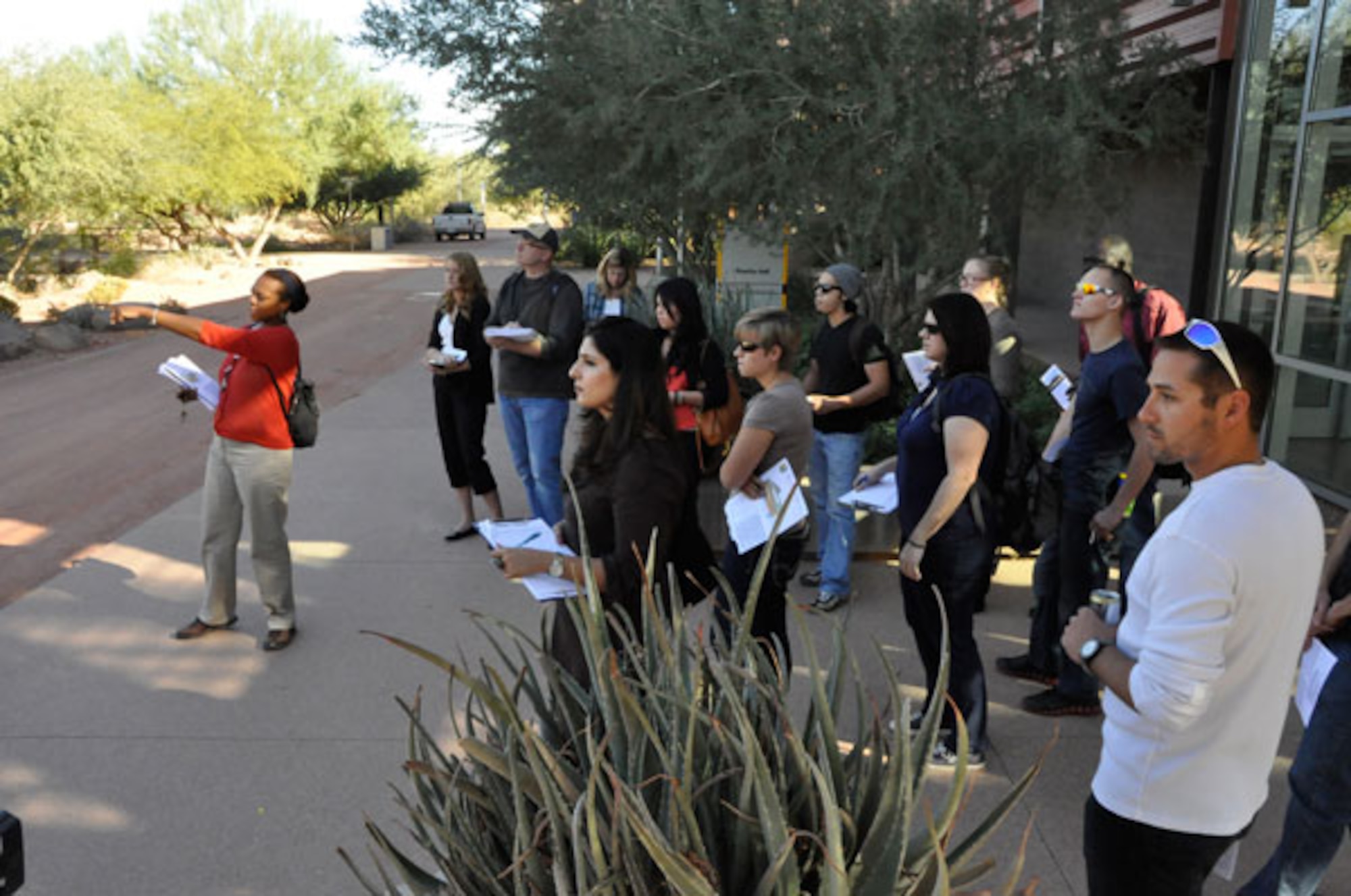 Air Force representative Michelle Lewis explained to the college students the various cleanup technologies in place at the campus site to remedy problems at the former Williams Air Force Base. U.S. Air Force photo