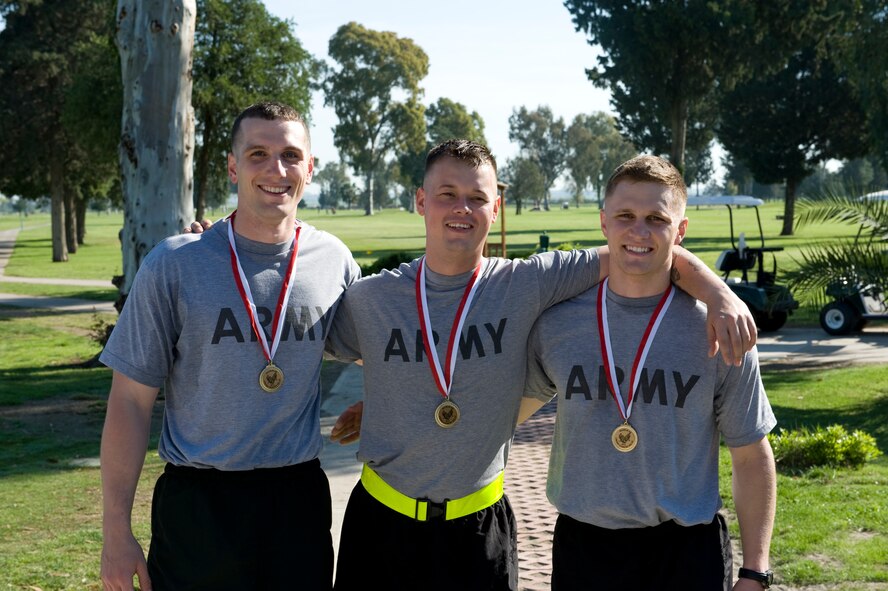 Members of the U.S.  Army team “Ram Rod” pose after taking first place during a cross-country relay April 13, 2013, at the golf course on Incirlik Air Base, Turkey. The U.S. Army team “Ram Rod” who finished the 4.5-mile race in 28 minutes and 36 seconds. (U.S. Air Force photo by Senior Airman Daniel Phelps/Released)