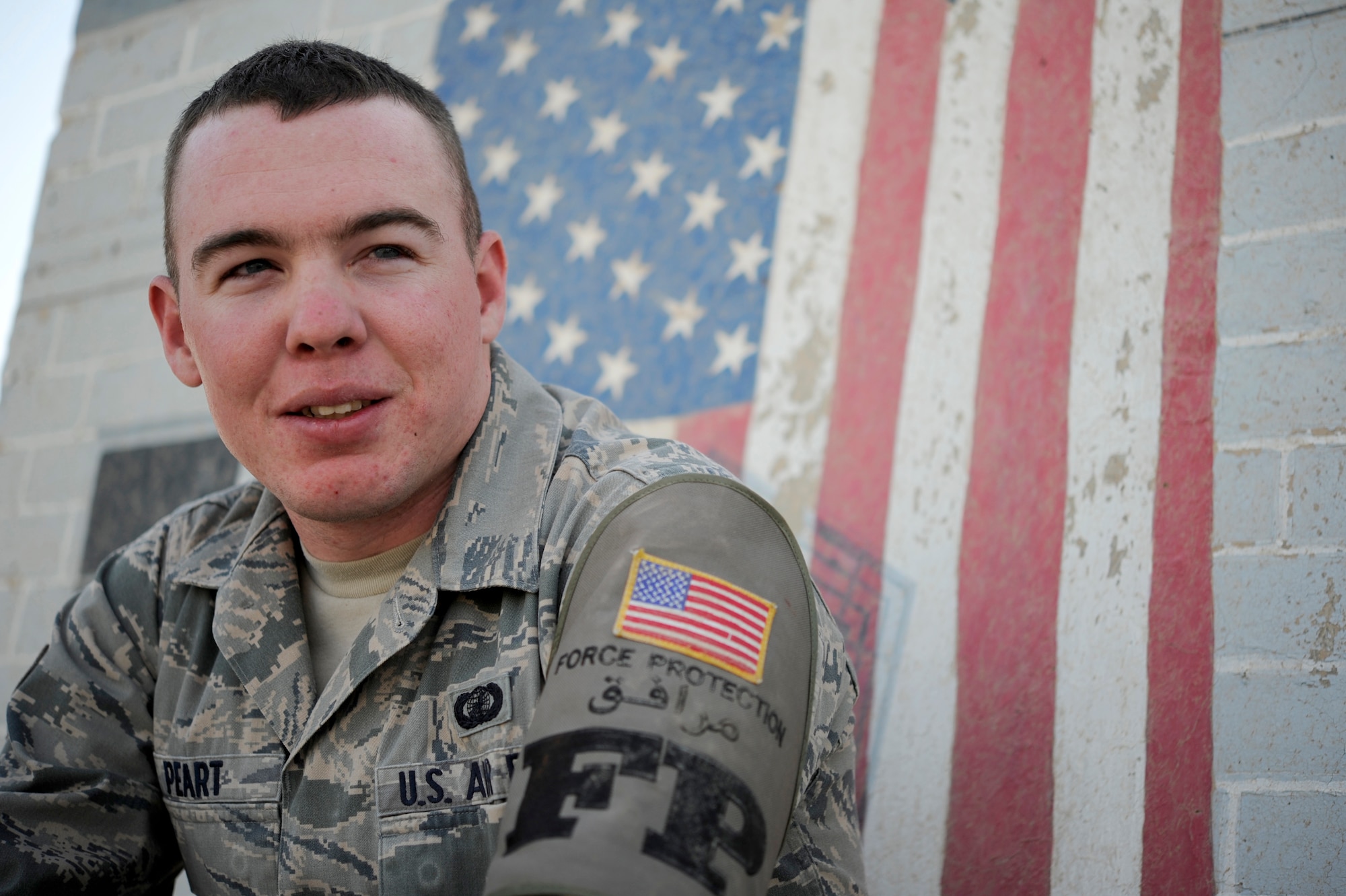Airman 1st Class Richard Peart, 386th Expeditionary Civil Engineer Squadron, performs his duty of force protection at an undisclosed deployed location in Southwest Asia on April 15, 2013. Peart was awarded this weeks “Rock Solid Warrior” designation by the 386 Air Expeditionary Wing.  This is Peart’s first deployment, and serves as one of the first lines of defense in protecting Air Force assets. “…and to be part of something bigger than myself.  So far, it’s been great!”  (U.S. Air Force photo by Staff Sgt. Austin Knox)
