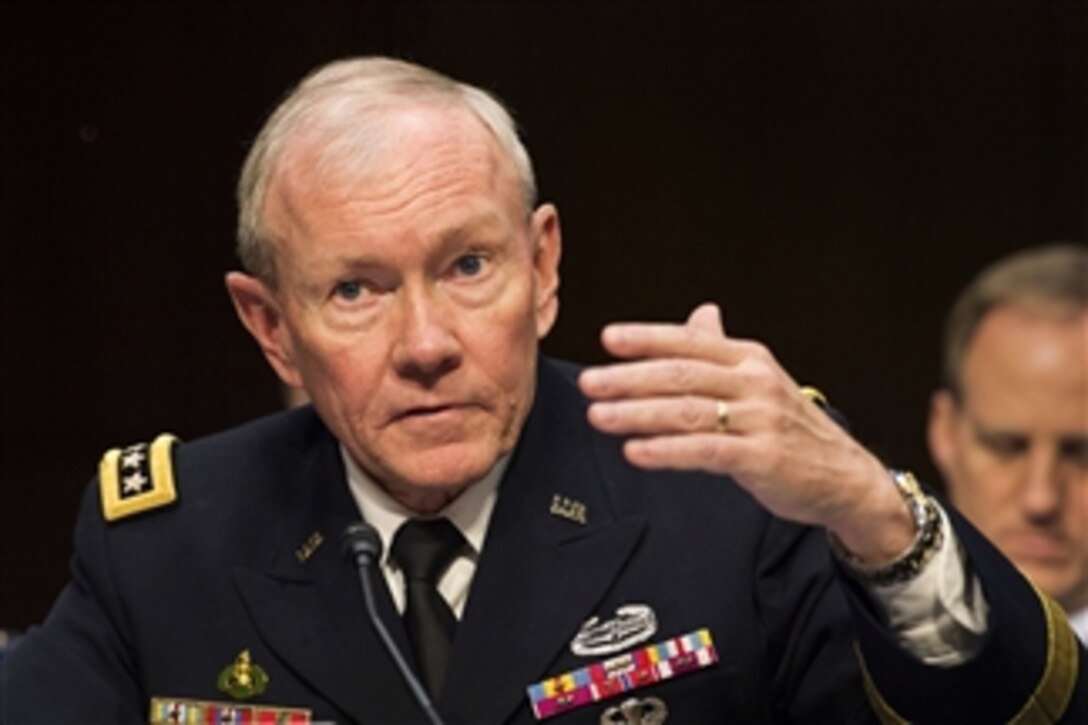 Chairman of the Joint Chiefs of Staff Gen. Martin E. Dempsey testifies before the Senate Armed Services Committee in the Senate Hart Office Building in Washington, D.C., on April 17, 2013.  Dempsey joined Secretary of Defense Chuck Hagel and Under Secretary of Defense-Comptroller Robert Hale in testifying on the Defense Authorization Request for Fiscal Year 2014 and the Future Years Defense Program.  