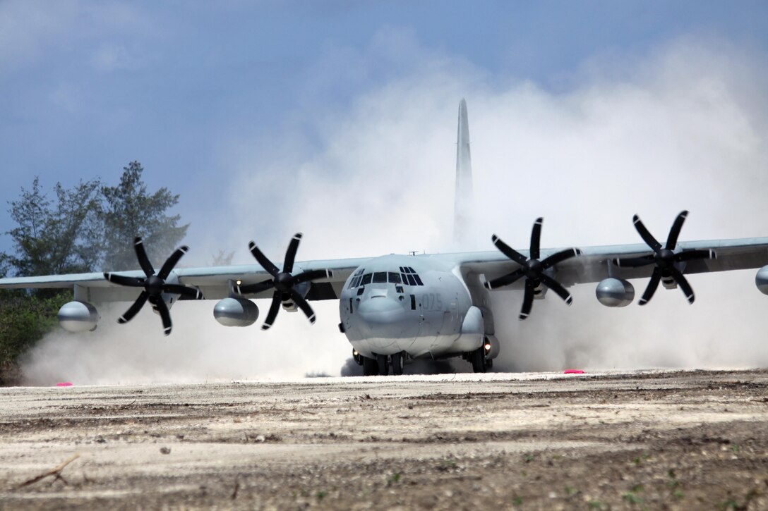 A KC-130J Hercules aircraft lands on North Field’s Baker runway on Tinian Island May 30 during Exercise Geiger Fury 2012. The aircraft was the first to land on the runway since 1947. Marine Aerial Refueler Transport Squadron 152’s mission is to provide a Marine air-ground task force commander with aerial refueling, assault support, aerial delivery, battlefield illumination and other support. The squadron was awarded the Commandant’s Aviation Trophy for 2012 April 1, which recognizes the best overall performance and accomplishment of all assigned tasks by a Marine aviation squadron. The squadron is part of Marine Aircraft Group 36, 1st Marine Aircraft Wing, III Marine Expeditionary Force. 