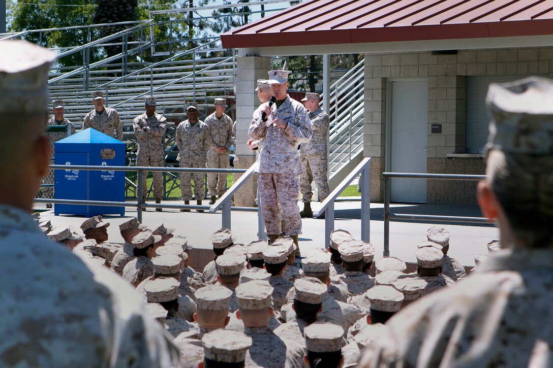 Gen. James F. Amos, the 35th commandant of the Marine Corps, gives a speech  during a visit to Camp Pendleton where hundreds of Marines were in attendance here April 17.
