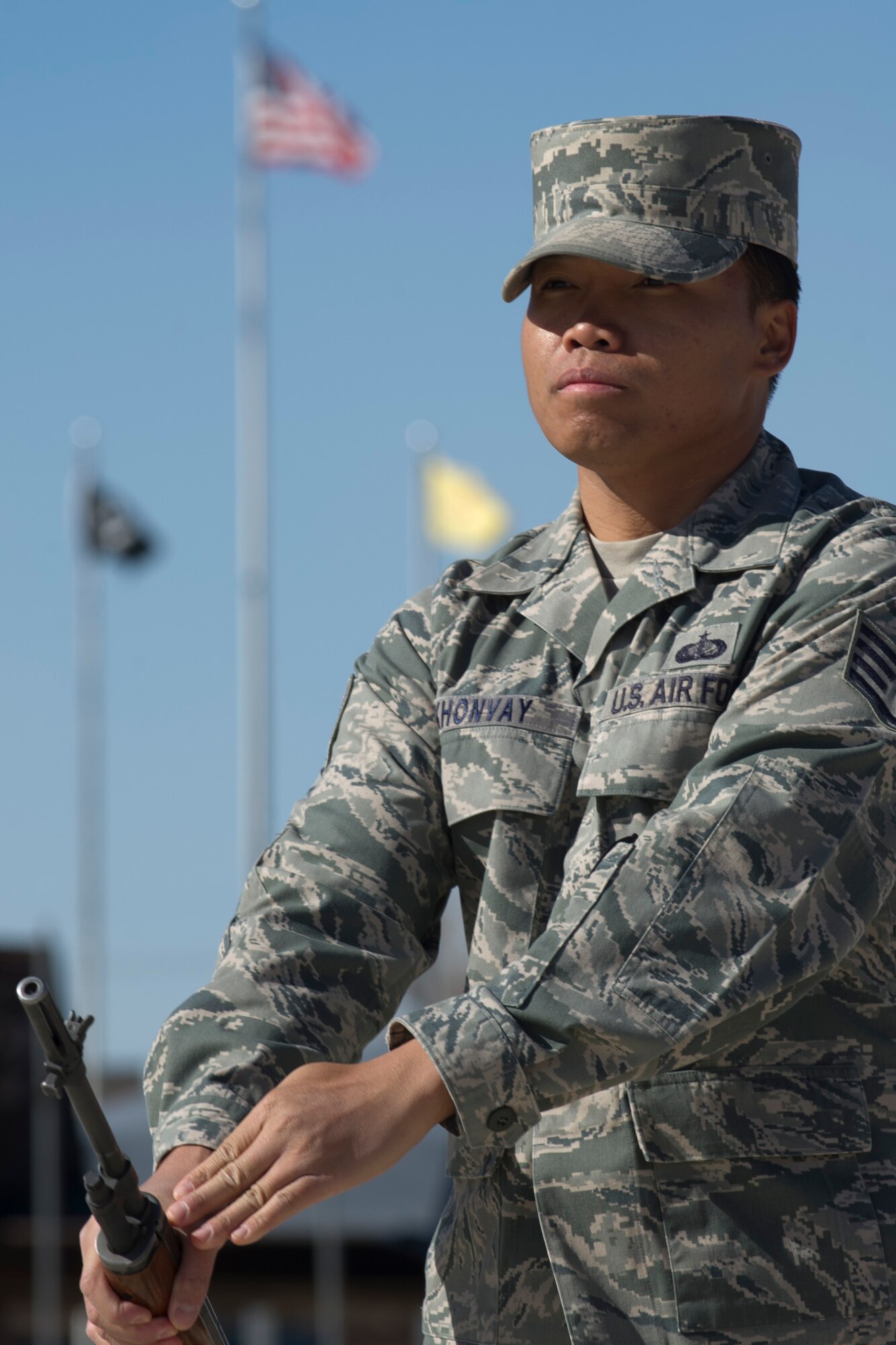 Staff Sgt. Bouma Khonvay, Steel Talons Honor Guard, practices the “order arms” command during a firing party at Heritage Park at Holloman Air Force Base, N.M., Feb. 20. The Holloman honor guard practices every day to perfect the discipline and professionalism necessary to perform under immense pressure during events. (U.S. Air Force photo by Senior Airman Joshua Turner/Released)