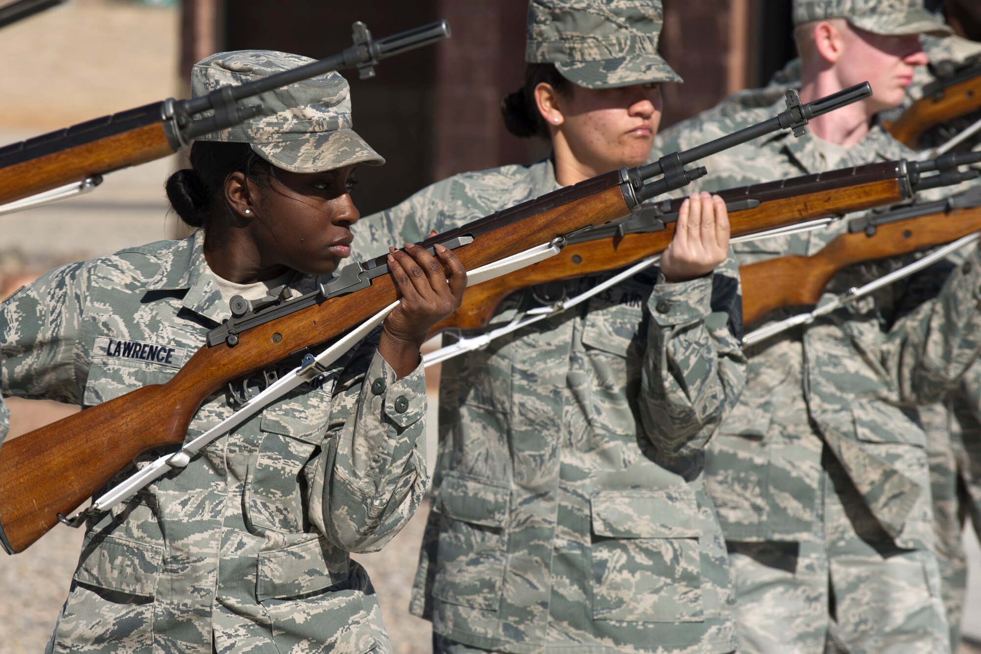 Members of the Steel Talons Honor Guard practice firing at the Heritage Center at Holloman Air Force Base, N.M., Feb. 20. The Holloman honor guard practices every day for more then 300 events a year including military funeral honors, military ceremonies, and community functions. (U.S. Air Force photo by Senior Airman Joshua Turner/Released)