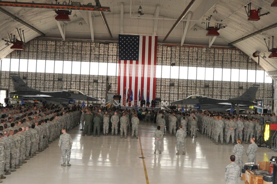 The members of the 140th Wing, Colorado Air National Guard, stand in formation as Brig. Gen. Trulan A. Eyre relinquished command of the wing to Col. Floyd W. Dunstan during a change of command ceremony April 7, 2013 at Buckley Air Force Base. (U.S. Air National Guard photo by Tech. Sgt. Wolfram Stumpf)