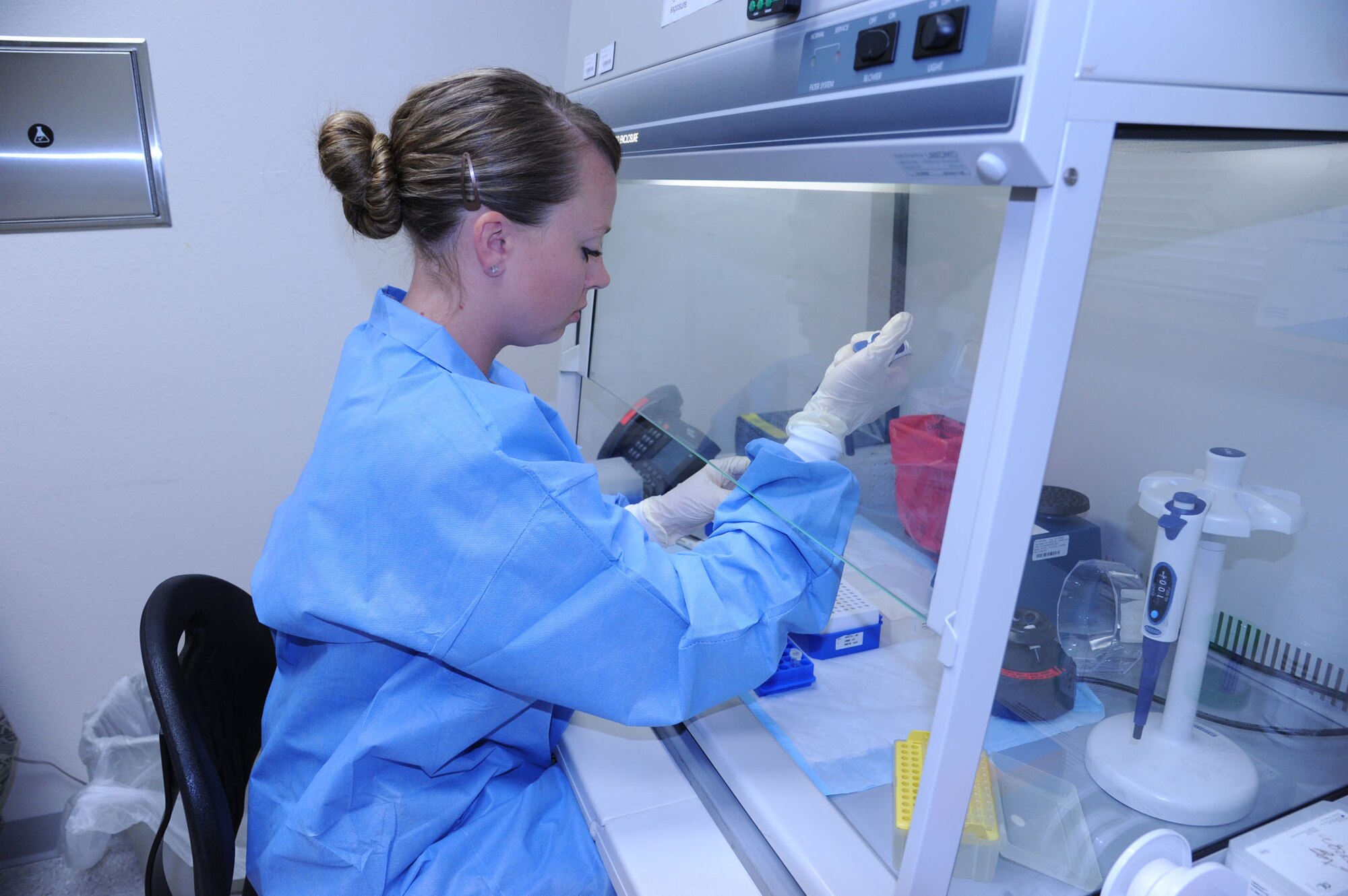 Staff Sgt. Leslie Balliew, 341st Medical Support Squadron laboratory technician, examines the DNA of an organism in the Joint Biological Agent Identification and Diagnostic System at the Drug Demand Reduction Building on April 11. Balliew is one of four laboratory technicians trained to use the system, which identifies any biological-threat agents including the plague and smallpox. (U.S. Air Force photo/Airman 1st Class Katrina Heikkinen)