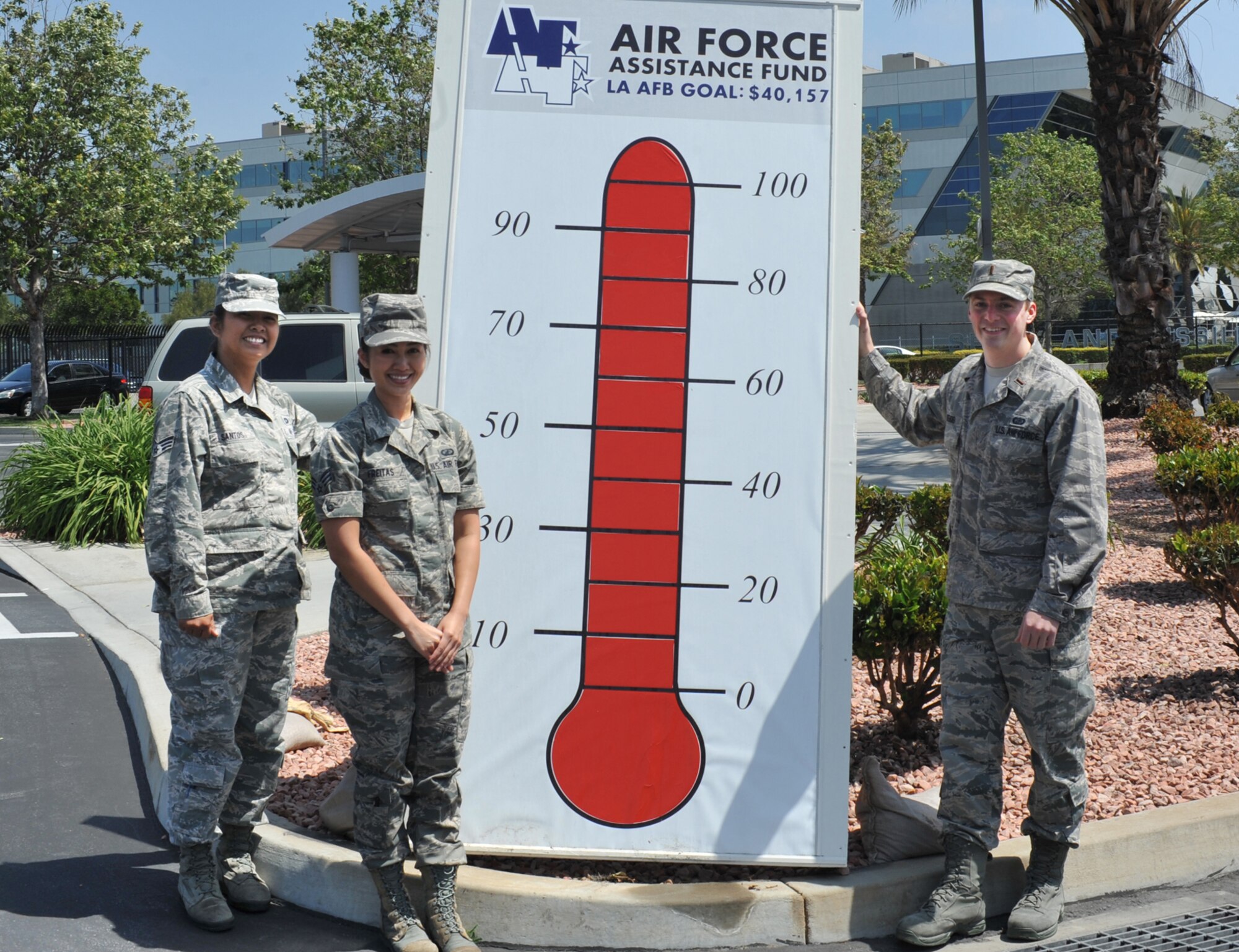 LAAFB tops its Air Force Assitance Fund goal for this year. Pictured from left to right are Senior Airman Maria Santos, Senior Airman Leslie Freitas and Lt. Peter DeBois, this year’s AFAF Los Angeles Air Force Base installation project officers. (Courtesy photo) 
