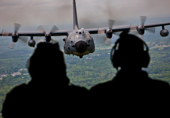 Aircrew from the 919th Special Operations Wing admire their aircraft, the MC-130E Combat Talon I, in flight one last time April 15 during its final flight before retirement.  The last five Talons in the Air Force belong to the 919th SOW and are scheduled to be retired at a ceremony April 25.  They will make one final flight to the “boneyard” at Davis-Monthan Air Force Base, Ariz., by the end of the fiscal year.  (U.S. Air Force photo/Tech. Sgt. Samuel King Jr.)