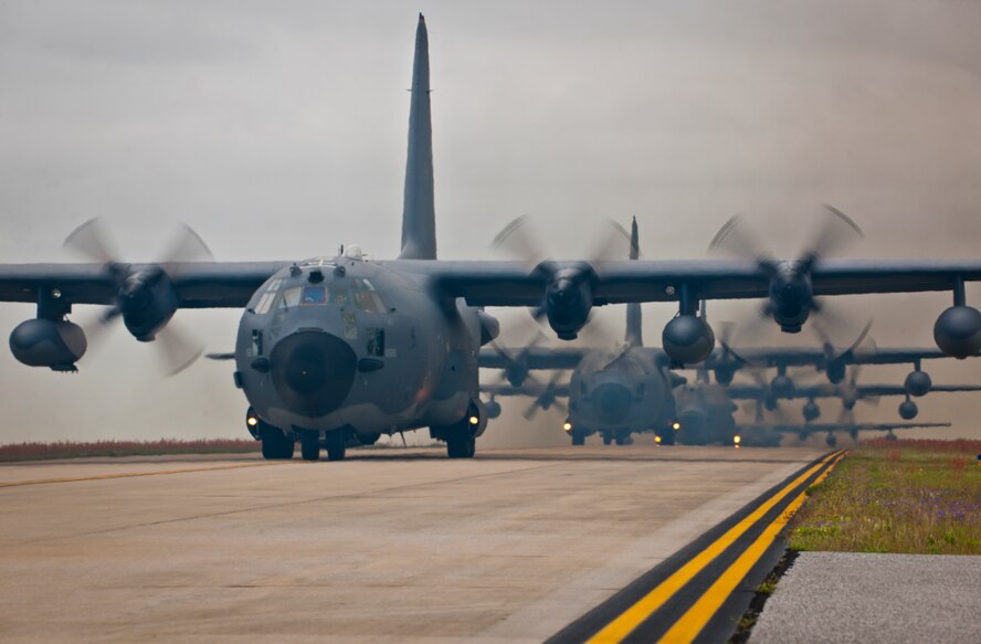 MC-130E Combat Talon Is roll down the taxiway at Duke Field April 15 for their final sorties before retirement.  The last five Talons in the Air Force belong to the 919th Special Operations Wing and are scheduled to be retired at a ceremony April 25.  They will make one final flight to the “boneyard” at Davis-Monthan Air Force Base, Ariz., by the end of the fiscal year.  (U.S. Air Force photo/Tech. Sgt. Samuel King Jr.)