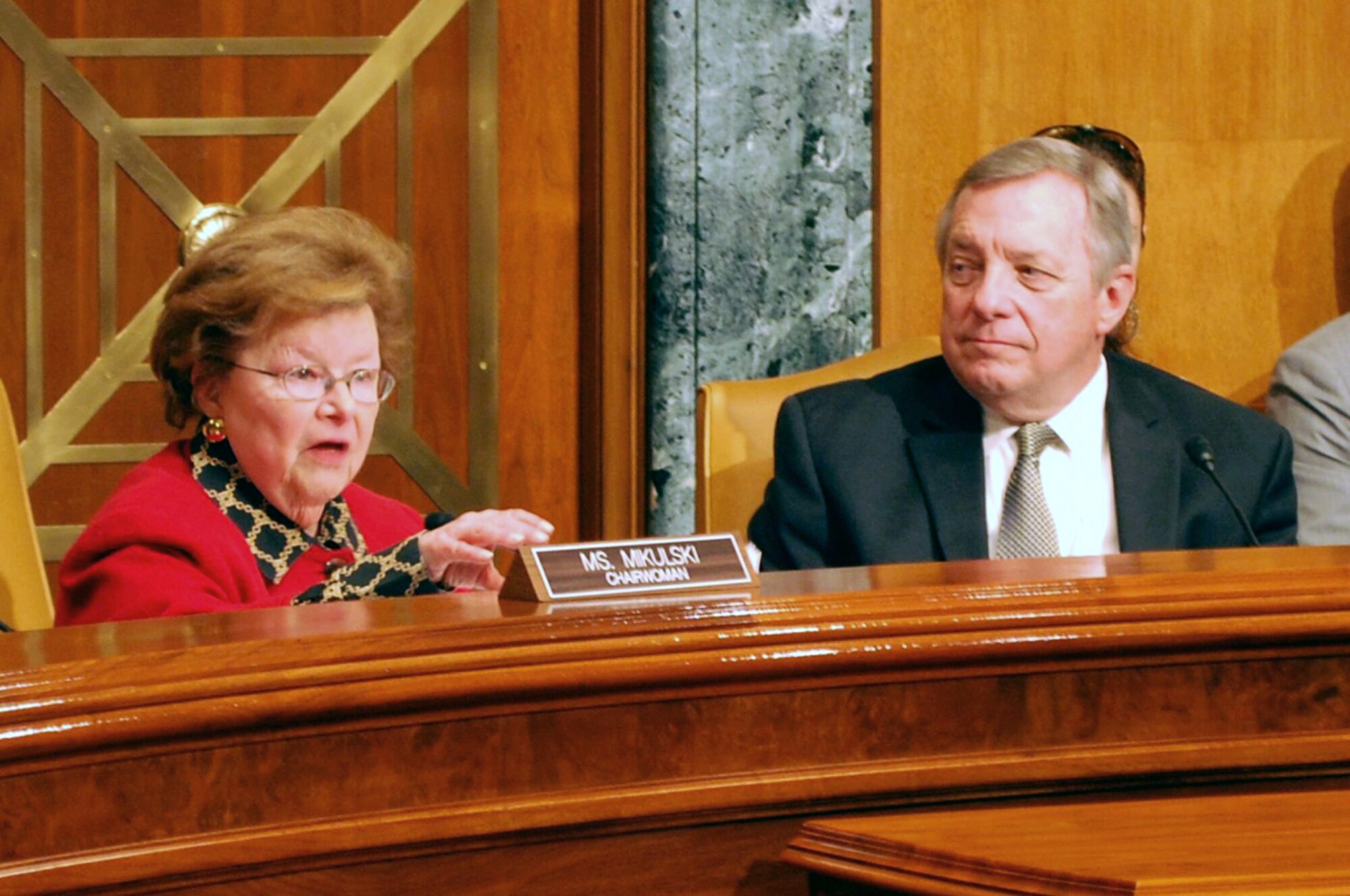 Sen. Barbara Mikulski, D-Md., (left) and Sen. Dick Durbin (D-Ill.),  listen to testimony from Reserve and National Guard leaders April 17, 2013, on Capitol Hill in Washington, D.C. The senators lead the largest committee in the U.S. Senate. They are responsible for reviewing the FY14 President's Budget Request, hearing testimony from government officials and drafting the spending plans for the coming fiscal year. Mikulski is the chairwoman of the full U.S. Senate Committee on Appropriations and Durbin is the  chairman of the Subcommittee on Defense. (U.S. Air Force photo/Col. Bob Thompson)