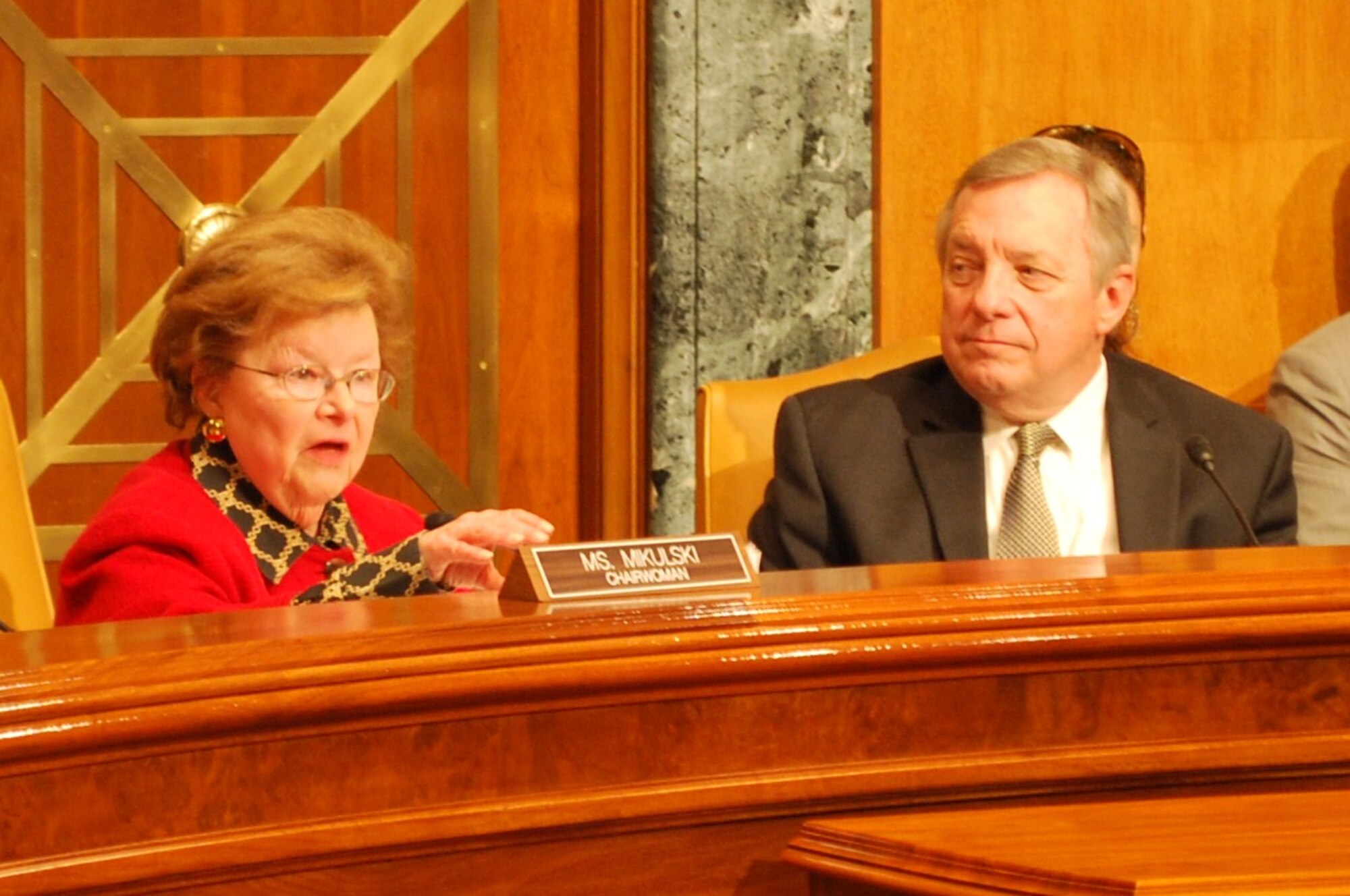 (Left to right) Senator Barbara Mikulski (D-Md.), chairwoman of the full U.S. Senate Committee on Appropriations and Sen. Dick Durbin (D-Ill.), chairman of the Subcommittee on Defense, listen to testimony from Reserve and National Guard leaders on Capitol Hill, April 17. The senators lead the largest committee in the U.S. Senate. They are responsible for reviewing the FY14 President's Budget Request, hearing testimony from government officials, and drafting the spending plans for the coming fiscal year. (U.S. Air Force photo/Col. Bob Thompson)