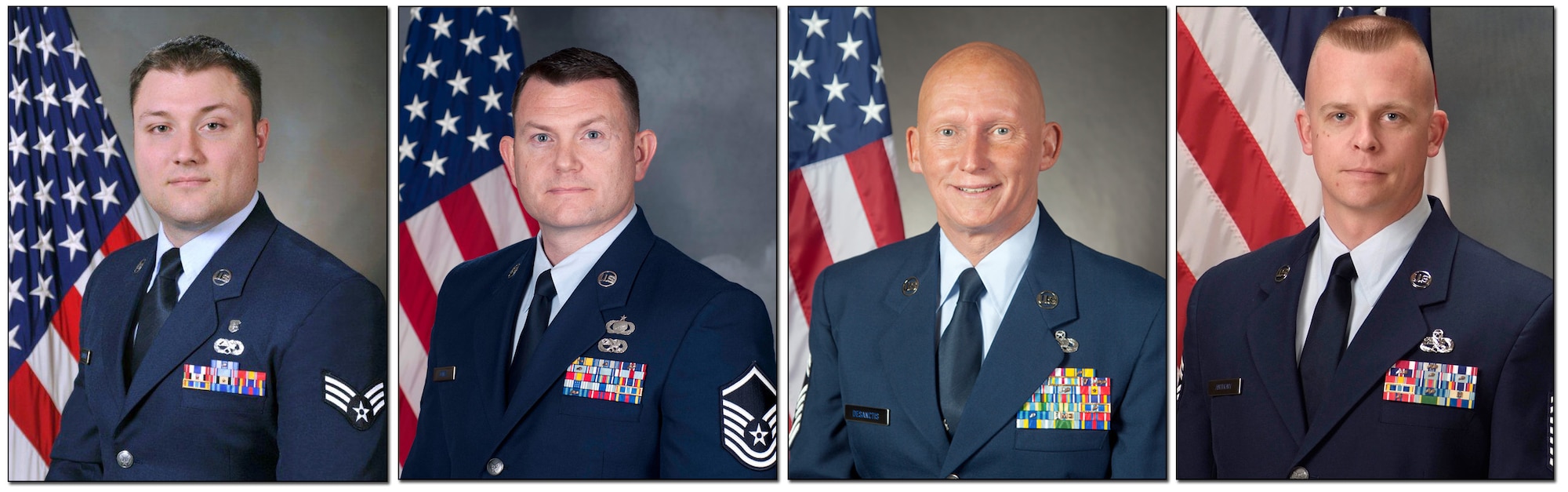 Air Force Reserve Command’s Outstanding Airmen of the Year for 2012 from left are Airman – Senior Airman Frederick C. Danneman, 419th Medical Squadron, Hill AFB, Utah; NCO – Master Sgt. Shawn J. Jones, 514th Air Mobility Wing, Joint Base McGuire-Dix-Lakehurst, N.J.; and Senior NCO – Senior Master Sgt. Peter A. DeSanctis, 934th MXS, Minneapolis-St. Paul International Airport Air Reserve Station, Minn. AFRC’s Outstanding First Sergeant of the Year for 2012, right, is Senior Master Sgt. Daniel J. Anthony, 302nd Maintenance Squadron, Peterson AFB, Colo. (U.S. Air Force photo illustration)