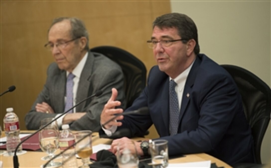Deputy Secretary of Defense Ashton B. Carter, right, and former Secretary of Defense William Perry meet with Bay Area women CEOs and business leaders at Stanford University to participate in a discussion about nuclear nonproliferation in Palo Alto, Calif., on April 17, 2013. 