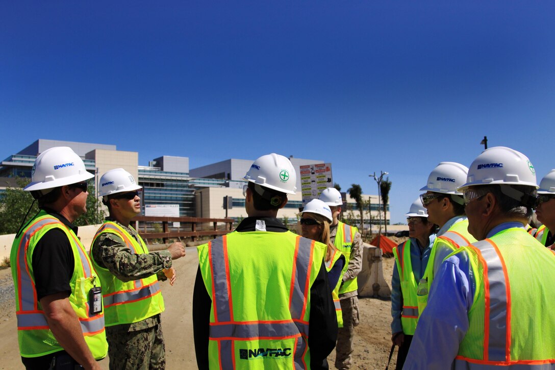 Members of the San Diego Military Advisory Council tour the construction of the new Naval Hospital Camp Pendleton as part of their visit to the base, April 18. SDMAC is a nonprofit mutual benefit corporation supporting, promoting and representing the common business of the military, its quality of life and defense industry community in San Diego.