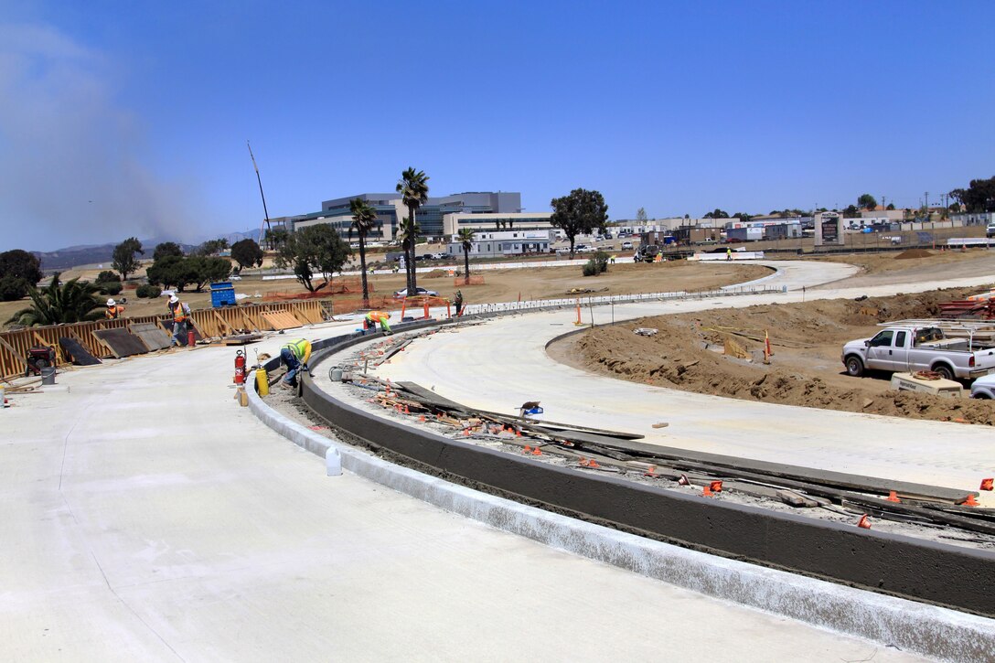 Contractors construct a ramp network at the main gate here to alleviate traffic at the intersection of Camp Del Mar and Lincoln Housing. A temporary intersection will be constructed May 3 through 5 for motorists to use during the construction of an overpass that is scheduled to begin May 6.