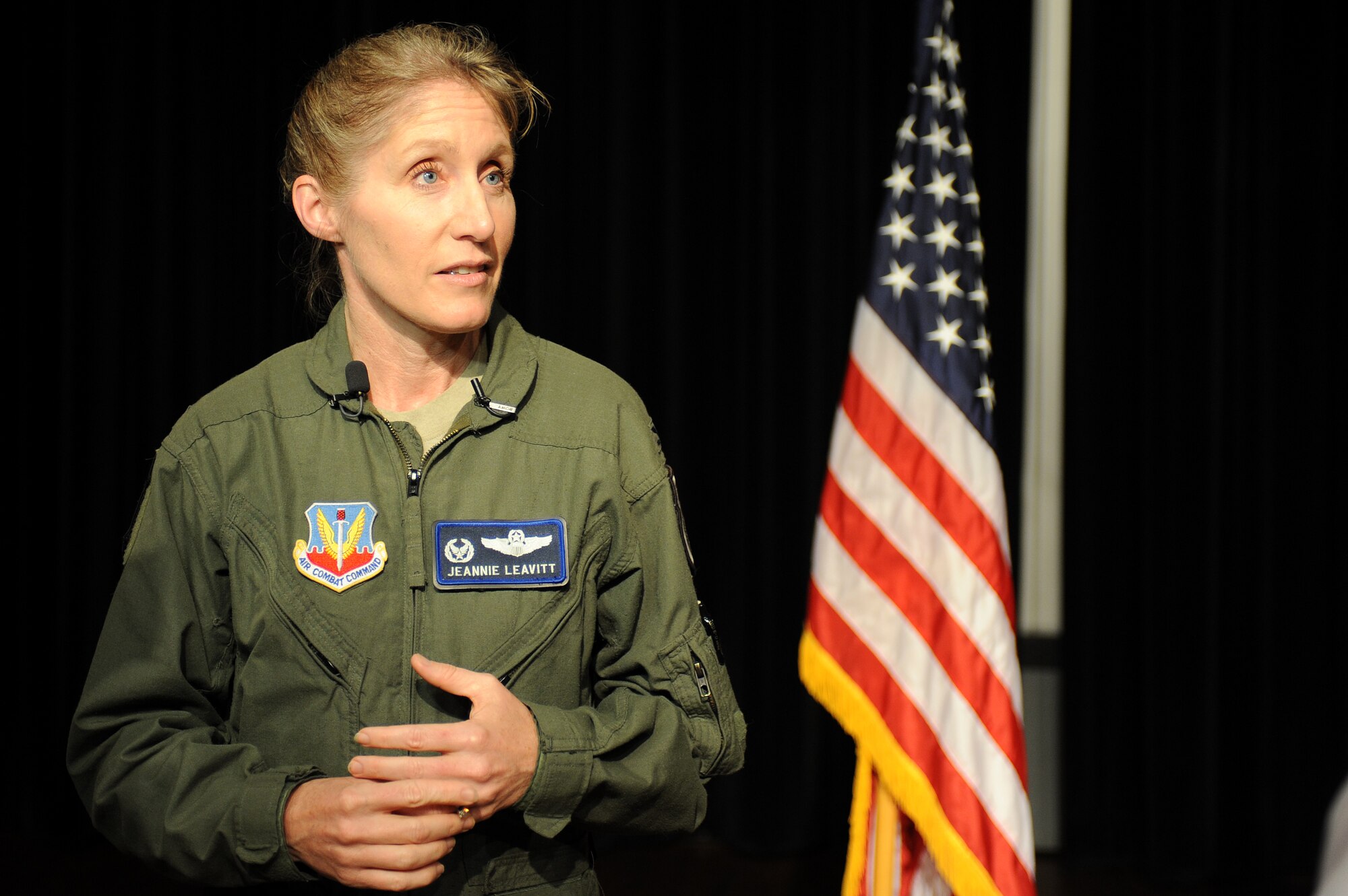 U.S. Air Force Col. Jeannie Leavitt, 4th Fighter Wing commander, answers media questions about the significance of the F-15E Strike Eagle after a Retreat Ceremony and Roll Call at the base theatre on Seymour Johnson Air Force Base, N.C., April 12, 2013. The ceremony honored the F-15E Strike Eagle’s 25th year anniversary and those who made the ultimate sacrifice while operating the aircraft. (U.S. Air Force photo by Airman 1st Class John Nieves Camacho/Released)