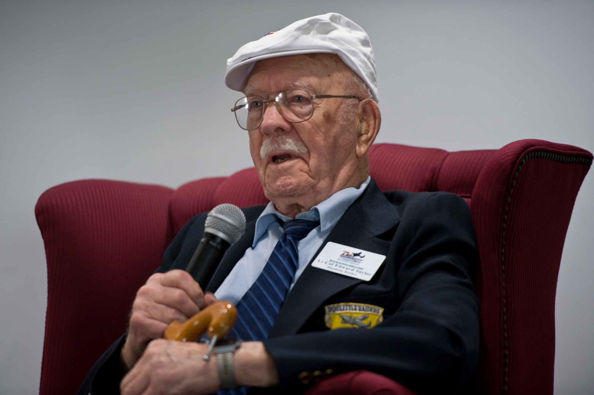 Retired U.S. Air Force Lt. Col Edward Saylor, a surviving member of the Doolittle Raiders, answers questions from Hurlburt Field Airmen at the 319th Special Operations Squadron auditorium at Hurlburt Field, Fla., April 18, 2013. The Doolittle Raid was the April 18, 1942 bombing over mainland Japan in response to the attack on Pearl Harbor. (U.S. Air Force photo/Airman 1st Class Hayden K. Hyatt)