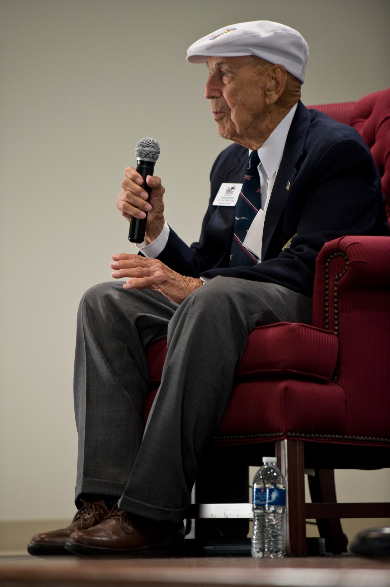 Retired U.S. Air Force Lt. Col. Richard Cole, one of the Doolittle Raiders, answers questions from Hurlburt Airmen during a session at the 319th Special Operations Squadron auditorium at Hurlburt Field, Fla., April 18, 2013. Cole served as co-pilot alongside then-Lt. Col. James Doolittle during a bombing raid over Japan April 18, 1942. (U.S. Air Force photo/Airman 1st Class Hayden K. Hyatt)