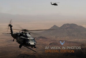 New York National Guard UH-60 Black Hawks prepare to conduct aerial refueling operations with a HC-130J Combat King II during exercise Angel Thunder 2013, April 8, 2013, at Davis-Monthan AFB, Ariz. Angel Thunder is the largest joint service, multinational, interagency combat search and rescue exercise designed to train personnel recovery assets using a variety of scenarios to simulate deployment conditions and contingencies. The HC-130J is assigned to the 79th Rescue Squadron at Davis-Monthan AFB. (U.S. Air Force photo/Staff Sgt. Tim Chacon)