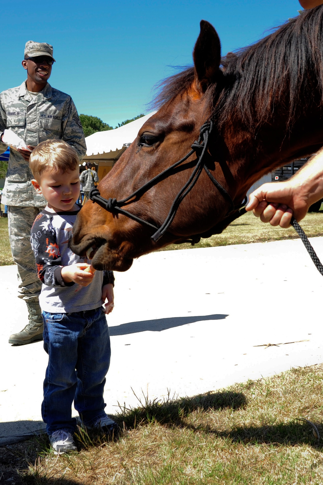 VANDENBERG AIR FORCE BASE, Calif. – The son of Senior Airman Lael Huss, 30th Space Wing photojournalist, feeds a carrot to Scout, 30th Security Forces Squadron military working horse, during the 13th annual Earth Day event here Thursday, April 18, 2013. The 30th SFS help the environment by using the horses that are responsible for patrolling 99, 600 acres of base property with no need for gas or tune ups. (U.S. Air Force photo/Senior Airman Lael Huss)