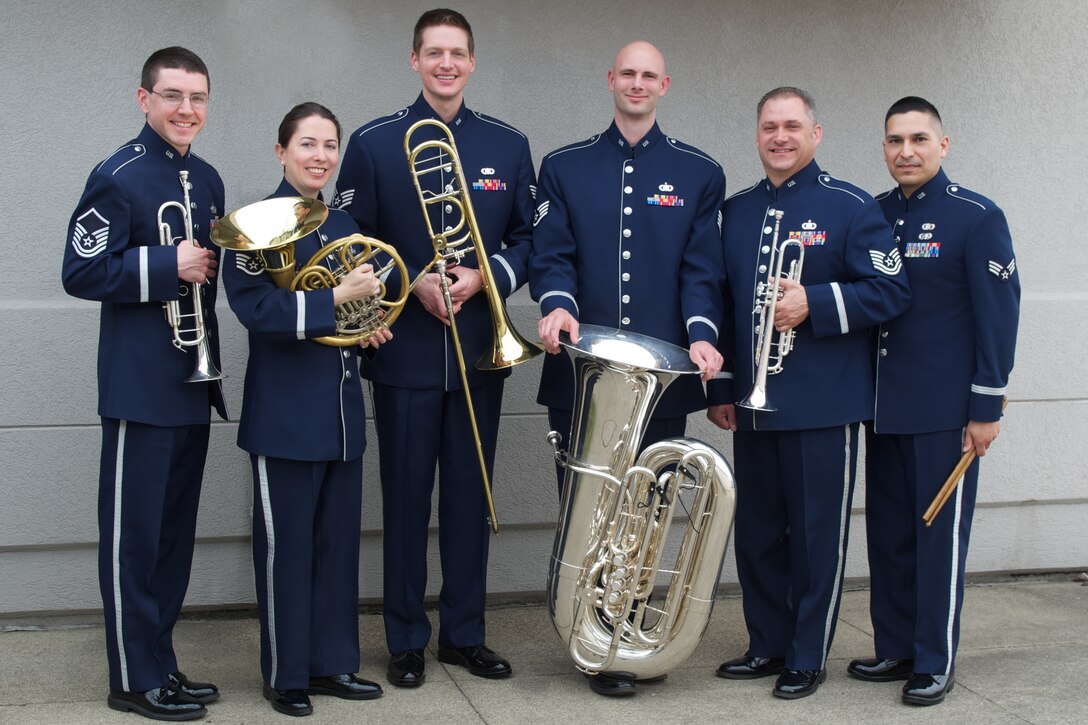 The Wright Brass brass quintet - (L-R) MSgt Mike Richter, SSgt Renee Parcell, SSgt Andrew Duncan, SSgt John Hardisky, TSgt Eric Knorr, SrA Jesus Delgado.