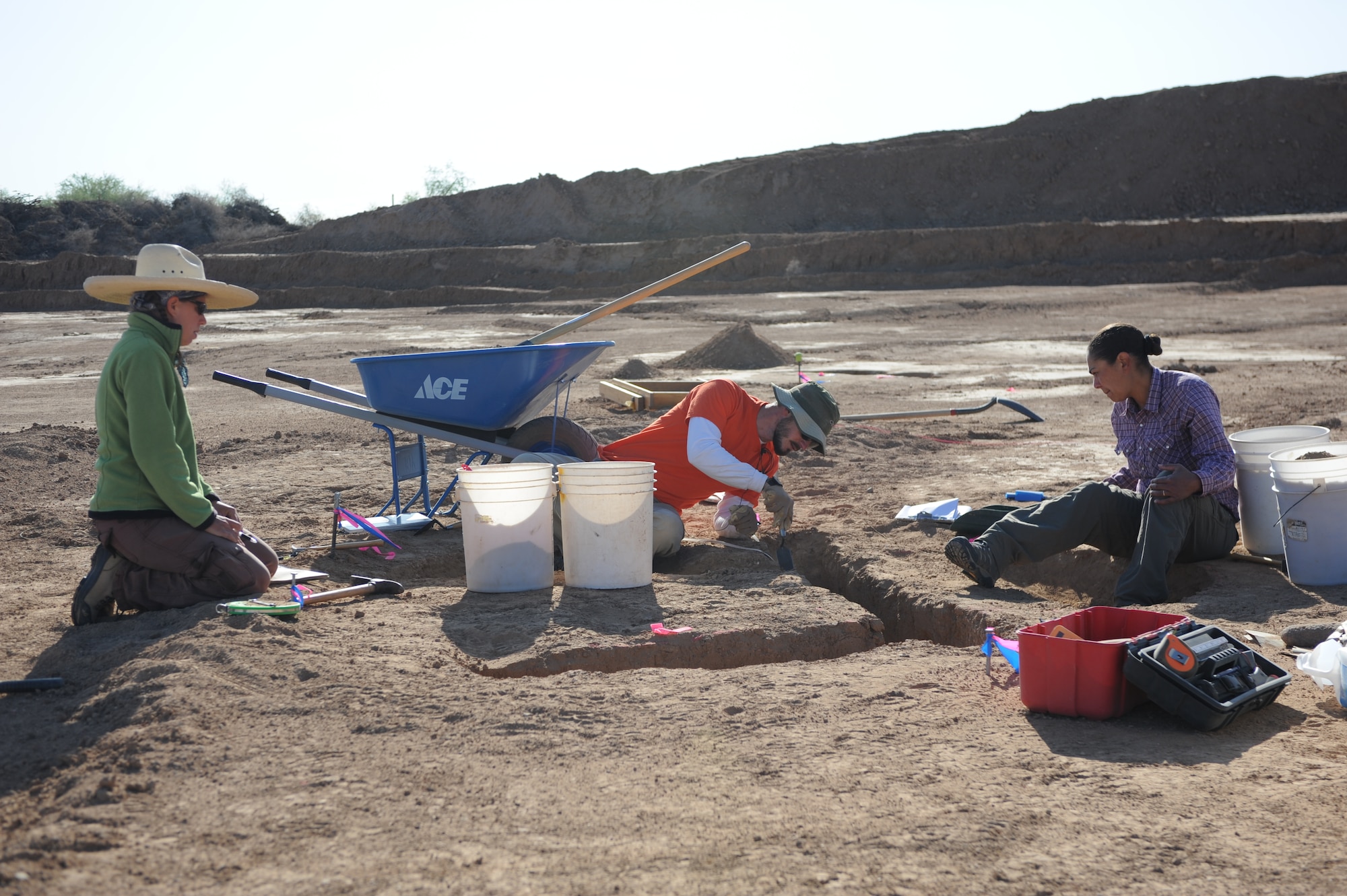 Archaeology field technicians search for artifacts at Archaeological Site 419. The site was discovered when Native American artifacts were found during a site survey done in preparation for construction of a solar array. (U.S. Air Force photo/Airman 1st Class Devante Williams)