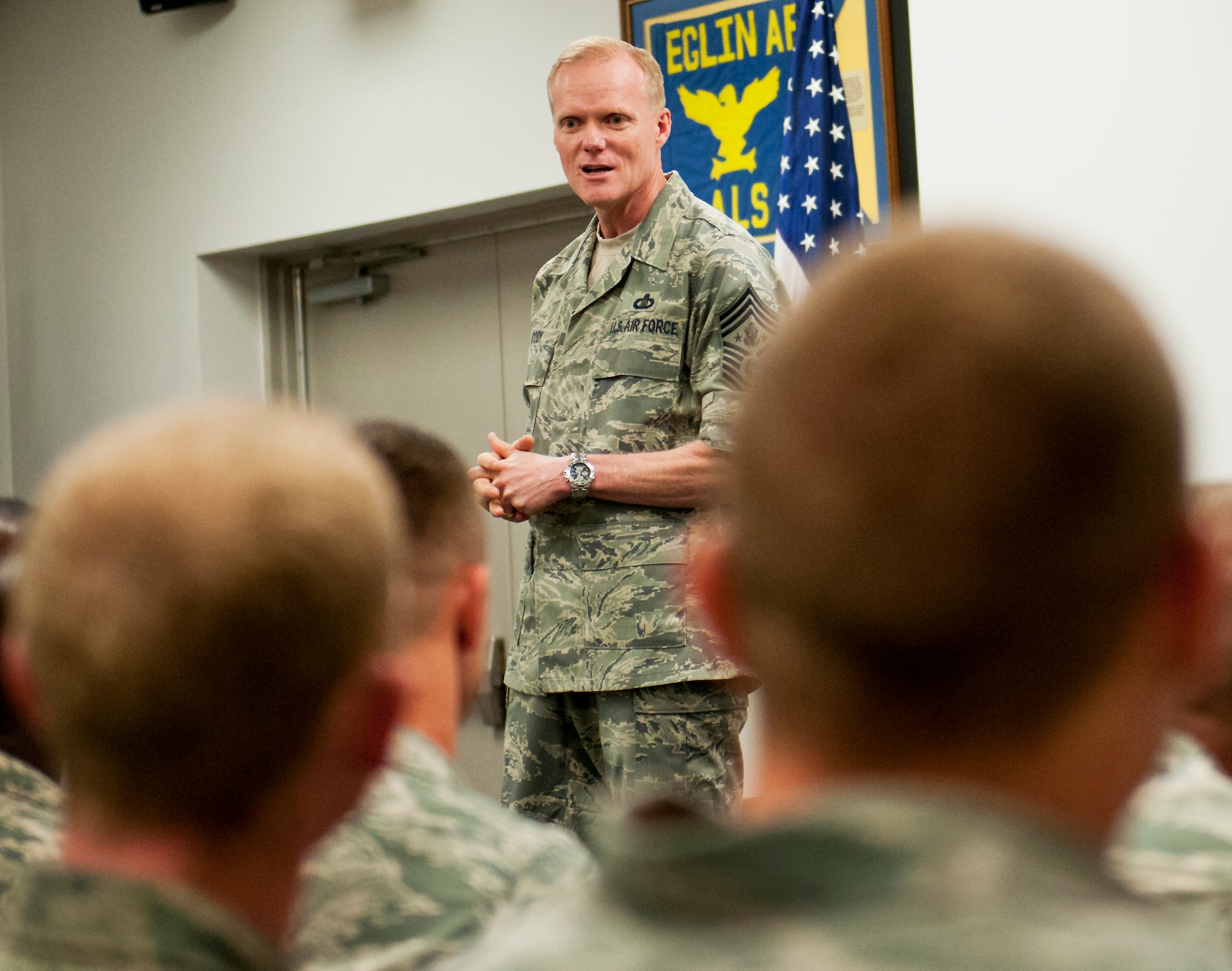 Chief Master Sgt. of the Air Force James Cody speaks to Airmen attending Airman Leadership School during his visit to Eglin Air Force Base, Fla.  Cody visited various facilities and met with Airmen across the base on his first trip to Eglin since becoming CMSAF.  The Chief answered Airmen’s questions concerning tuition assistance, enlisted performance reports, readiness and current threats.  (U.S. Air Force photo/Samuel King Jr.)
