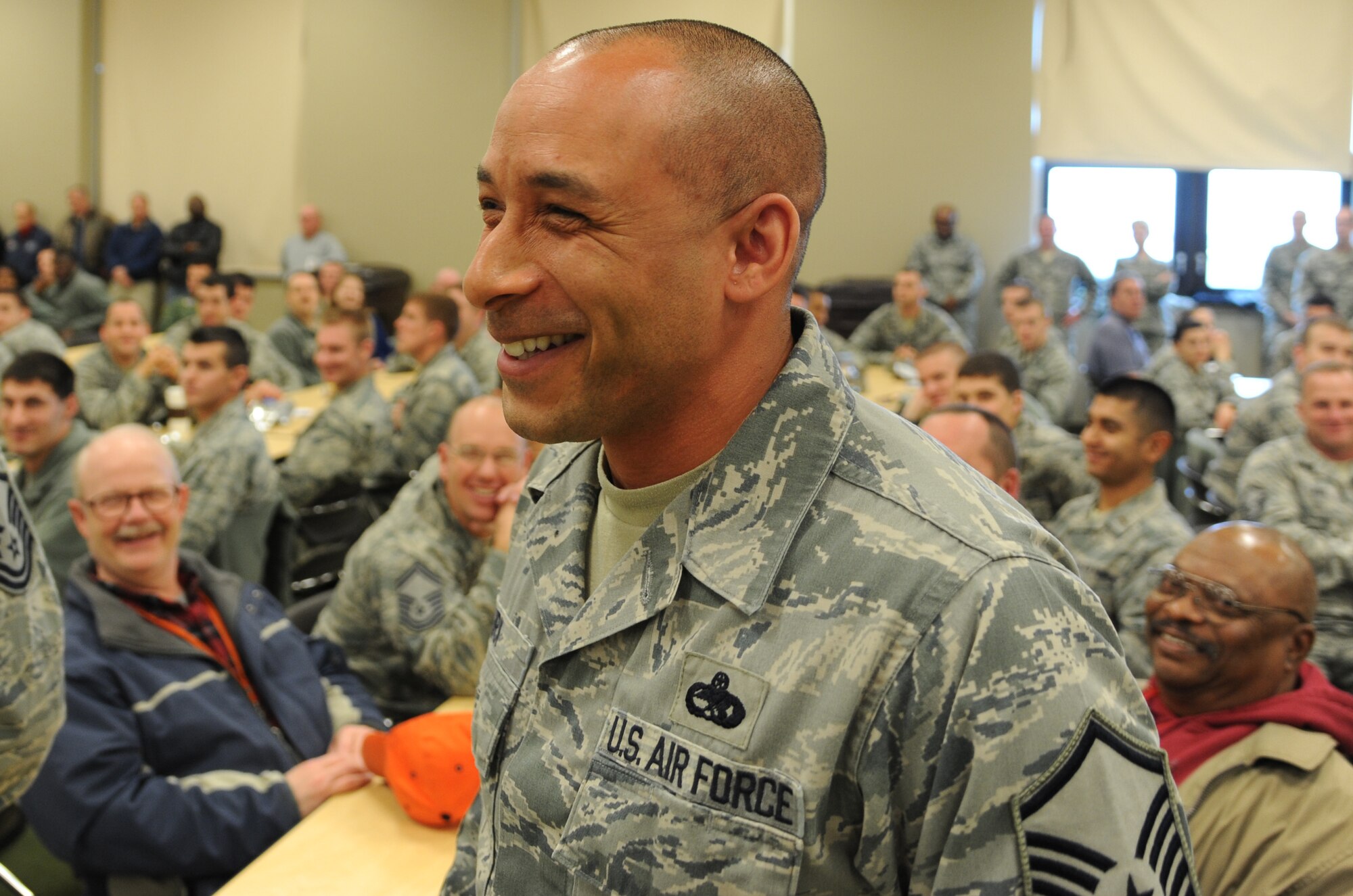 Master Sgt. Kendall Kirk, assigned to the 71st Flying Training Wing Staff Agencies, is excited to hear the results of the recent Consolidated Unit Inspection during a base-wide celebration April 18 held at Vance Air Force Base, Okla. The base received a Satisfactory rating. (U.S. Air Force photo/ Staff Sgt. James Bolinger)