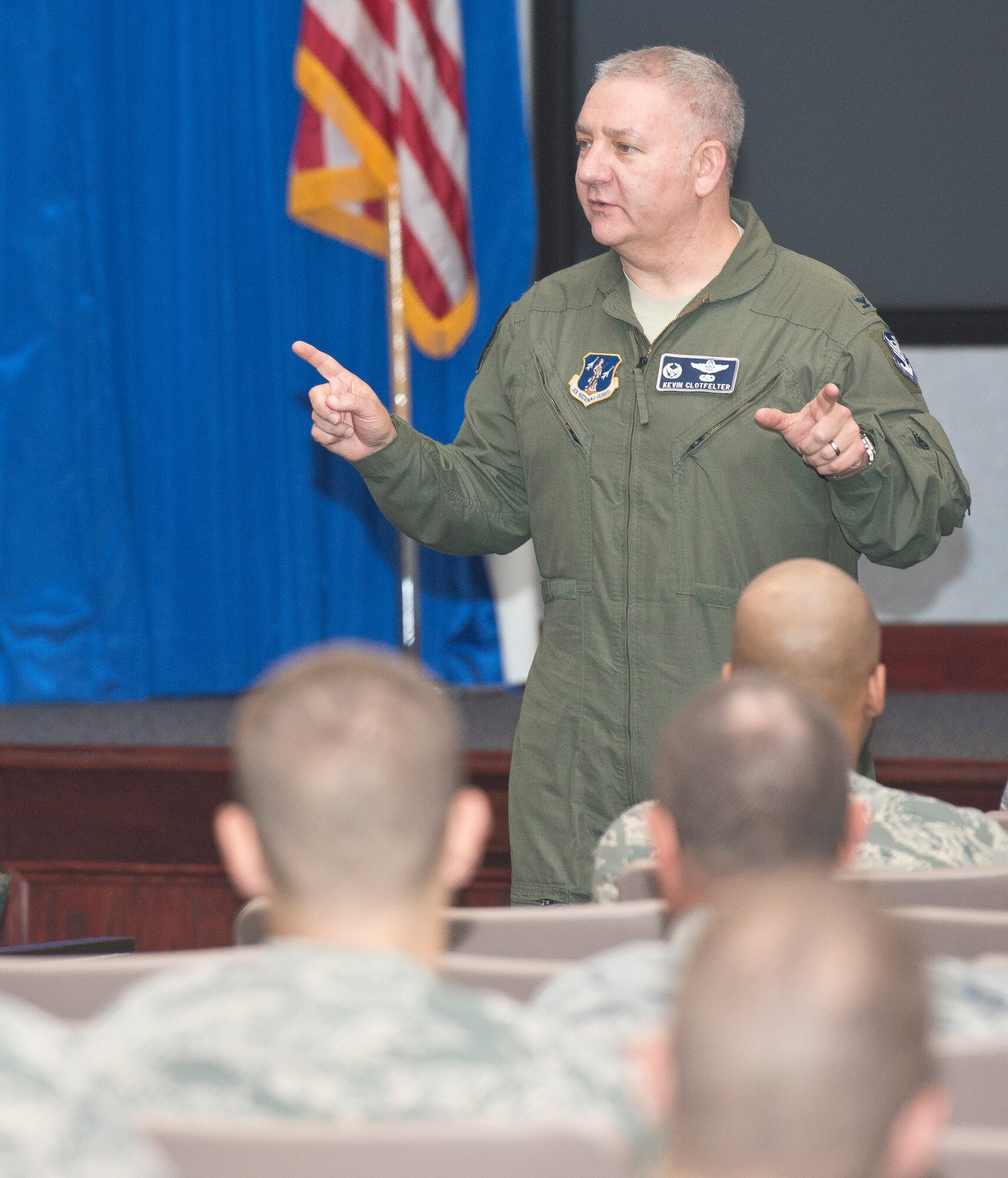 U.S. Air Force Col. Kevin Clotfelter, commander 116th Air Control Wing, speaks to Airmen from his wing about resiliency during a Wingman’s Day at Robins Air Force Base, Ga., April 12, 2013.  The Georgia Air National Guard wing took the day to focus on the resiliency of their Airmen, offering them training and information about the resources available to the Guardsmen and their families.  (U.S. Air National Guard photo by Master Sgt. Roger Parsons/Released)