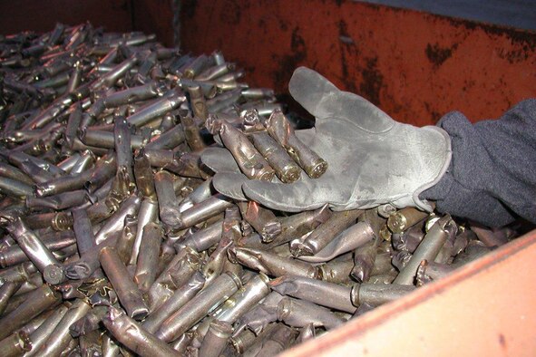 Recycling spent brass casings collected from small arms ranges at Joint Base Elmendorf-Richardson, Alaska, is a primary source of funding for the Qualified Recycling Program here. (U.S. Air Force photo) 
