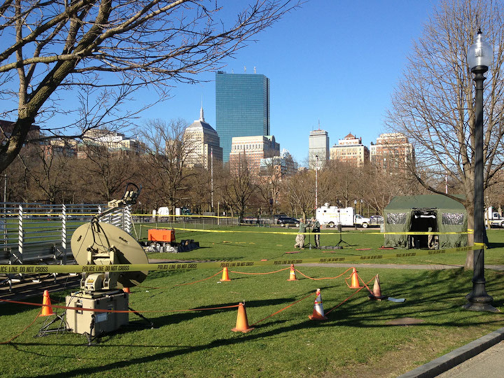 The 267th Combat Communications Squadron (267 CBCS), Massachusetts Air National Guard, stands up the Joint Incident Site Communications Capability (JISCC) facility at Boston Commons during the response efforts after the Boston Marathon Bombing, April 16. The JISCC provides local emergency responders with communications capabilities such as computers, web access and telephones. (U.S. Air National Guard photo by 1st Lt. Christopher Qubeck)