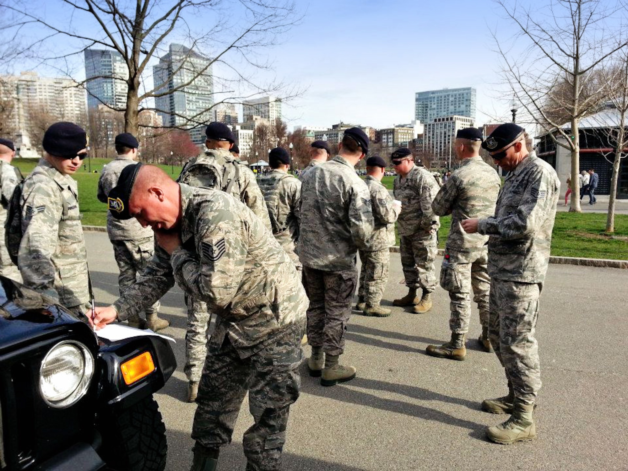 The 18-man team of 102nd Security Forces Airmen, who reported for their detail for the Boston Marathon at 5 a.m. on April 15, found themselves in the midst of an emergency response effort later that afternoon after two bombs were detonated near the finish line of the marathon, where three lives were lost and more than 180 injured. They didn’t get home until 5 a.m. the next morning. (U.S. Air National Guard photo by Senior Airman Adam Souza)
