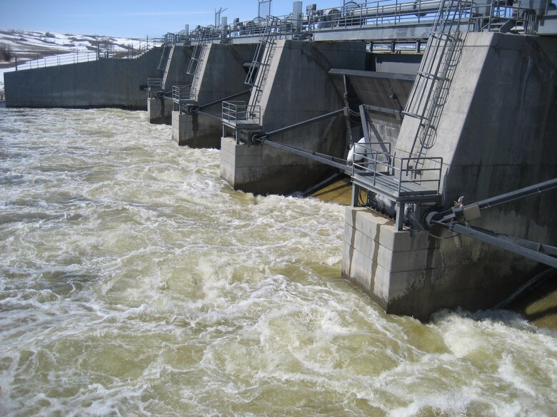 Releases from Lake Darling Dam on the Souris River in North Dakota on April 18, 2013.  Approximately 2,600 cubic feet per second.