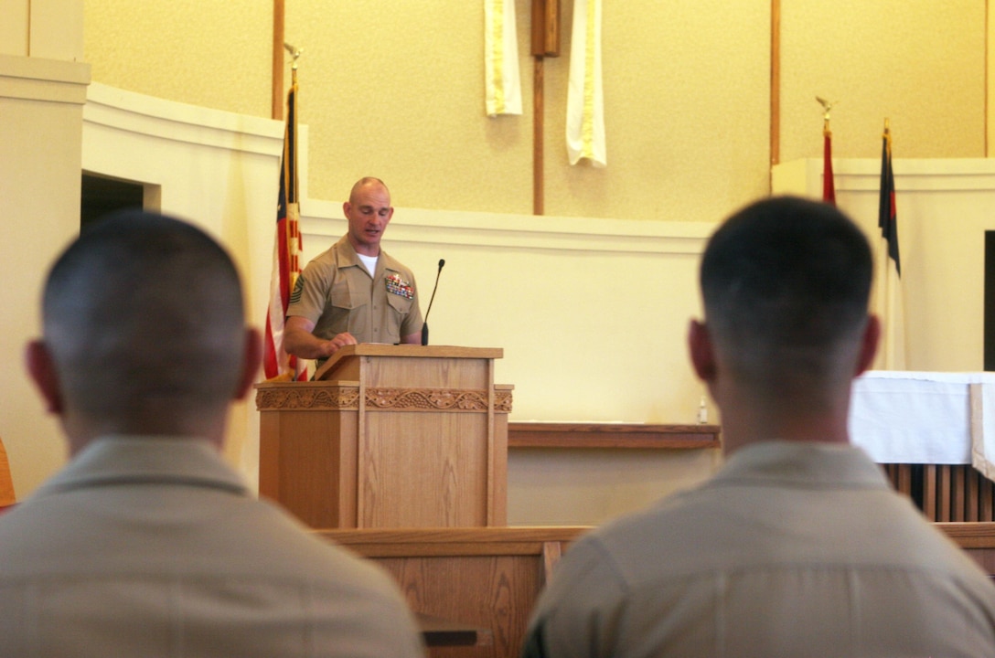 Sergeant Maj. Troy E. Black, battalion sergeant major, Combat Logistics Battalion 5, Combat Logistics Regiment 1, 1st Marine Logistics Group, speaks to the Marines during a 1st MLG corporals course graduation ceremony aboard Camp Pendleton, Calif., April 19, 2013. The Marines who graduated corporals course were taught basic leadership tools necessary to lead a team of Marines. (U.S. Marine Corps photo by Cpl. Kenneth Jasik/Released)