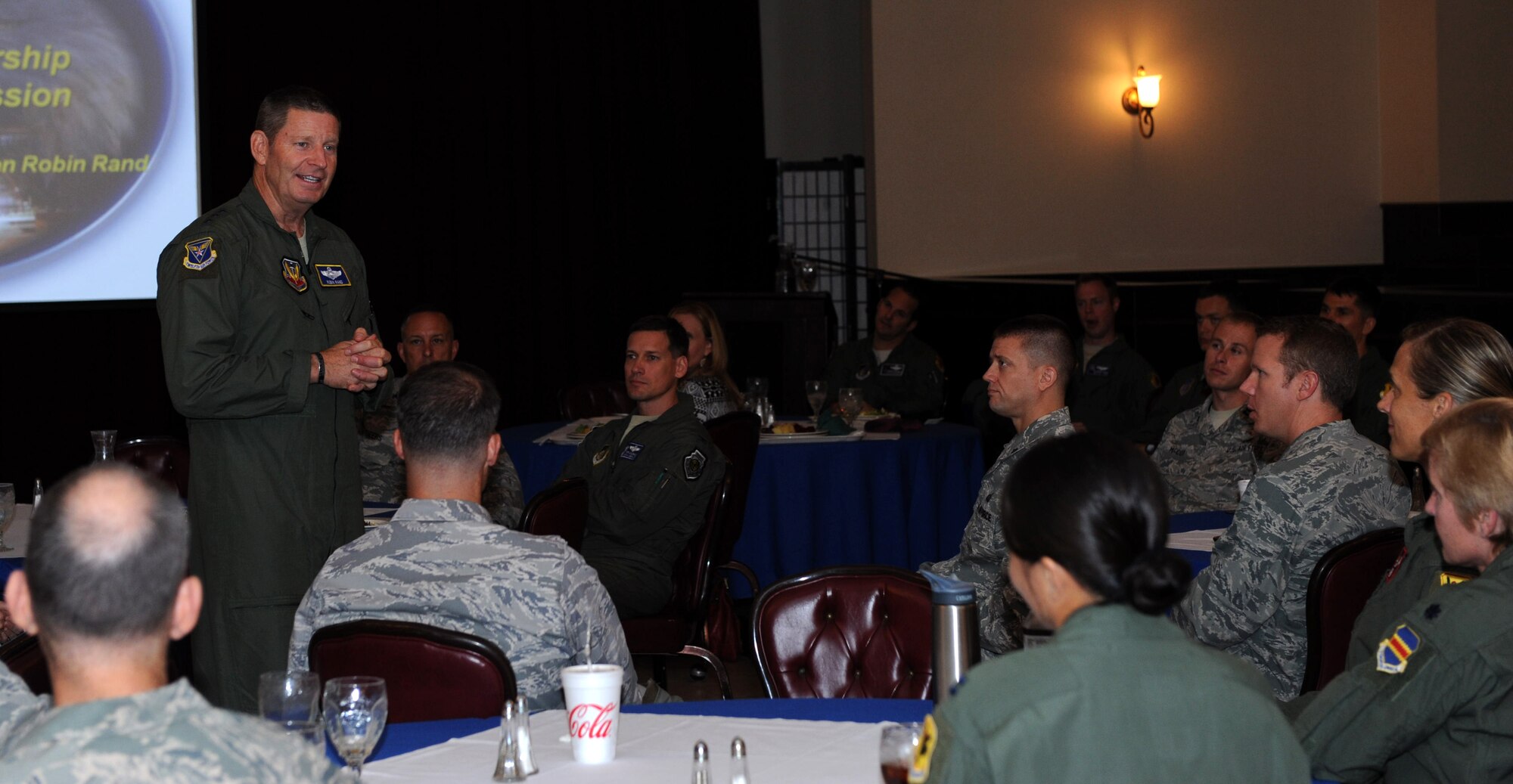 U.S. Air Force Lt. Gen. Robin Rand, 12th Air Force Air Combat Command commander, speaks to company grade officers at the Officers Club on Kadena Air Base, Japan, April 19, 2013. Rand spoke to officers stationed on Kadena about being a good leader and holding oneself and their Airmen accountable for their actions. Rand is also Air Force Southern, U.S. Southern Command commander out of Davis-Monthan Air Force Base, Ariz. (U.S. Air Force photo by Airman 1st Class Hailey R. Davis/Released)