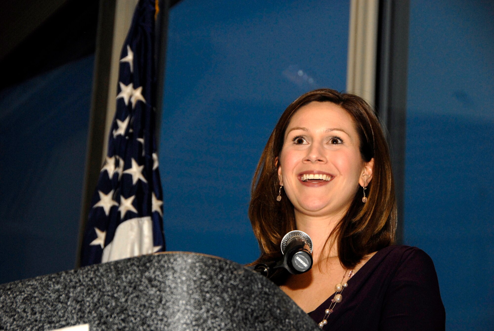 Leah McLean, anchor for KSTP channel 5 News, extends her gratitude towards the U.S. Military as she speaks to the guests at this year’s 133rd Airlift Wing Military Ball, St. Paul, Minn., Apr. 20, 2013. McLean was presented with a token of appreciation that evening by Col. Greg Haase, Commander of the 133rd Airlift Wing. 
(U.S. Air Force photo by Airman 1st Class Kari Giles /Released)
