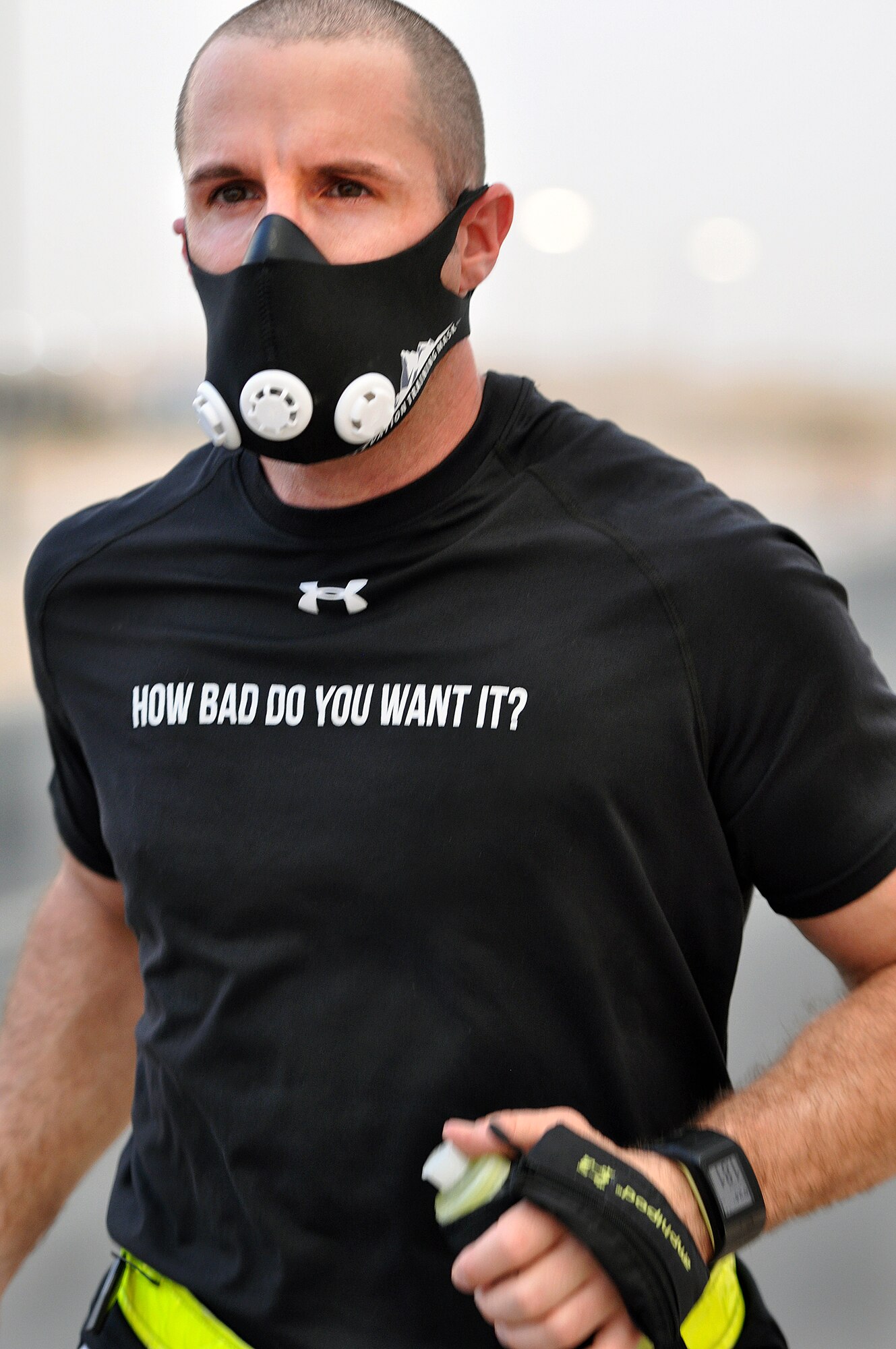 Master Sgt. Robert R. Snyder Jr., Air Forces Central Force Protection liaison officer, during a training session at a base in an undisclosed location in Southwest Asia, April 17. Snyder is training to complete two ultra-marathons later this year. (U.S Air Force photo by Staff Sgt. Rachelle Elsea)