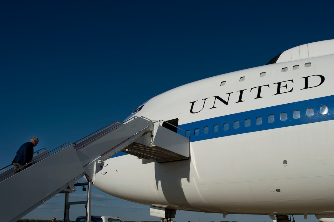 U.S. Defense Secretary Chuck Hagel boards an Air Force E-4B aircraft upon departing Joint Base Andrews, Md., April 20, 2013.  Hagel is starting a six-day trip to the Middle East, where he will visit foreign counterparts in Israel, Jordan, Saudi Arabia, Egypt and the United Arab Emirates. 