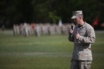 Sgt. Maj. John E. Bankus, the outgoing sergeant major of 8th Engineer Support Battalion, 2nd Marine Logistics Group, speaks to Marines and guests during a relief and appointment ceremony aboard Camp Lejeune, N.C., April 18, 2013. Bankus thanked his mentors and 8th ESB for the support he received from them.