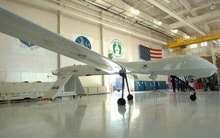 An MQ-1 Predator unmanned aircraft assigned to the Arizona Air National Guard's 214th Reconnaissance Group is parked in a hanger at Davis-Monthan Air Force Base, Ariz., following the unit's activation in August 2007.