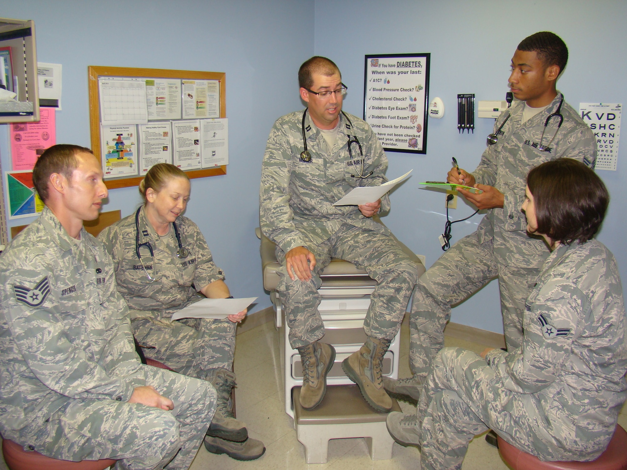 Capt (Dr.) Nathan Miller, 15th Medical Operations Squadron, leads the daily team huddle for Team A. Miller and his team, from left to right, Staff Sgt. Christopher Spencer, Capt. Vicki Bateman, Capt. Nathan Miller, Senior Airman Justin Stinson and Airman 1st Class Valerie Richardson were recently recognized as the best Patient Centered Medical Home team in PACAF and the 5th best in the Air Force. (Courtesy photo)