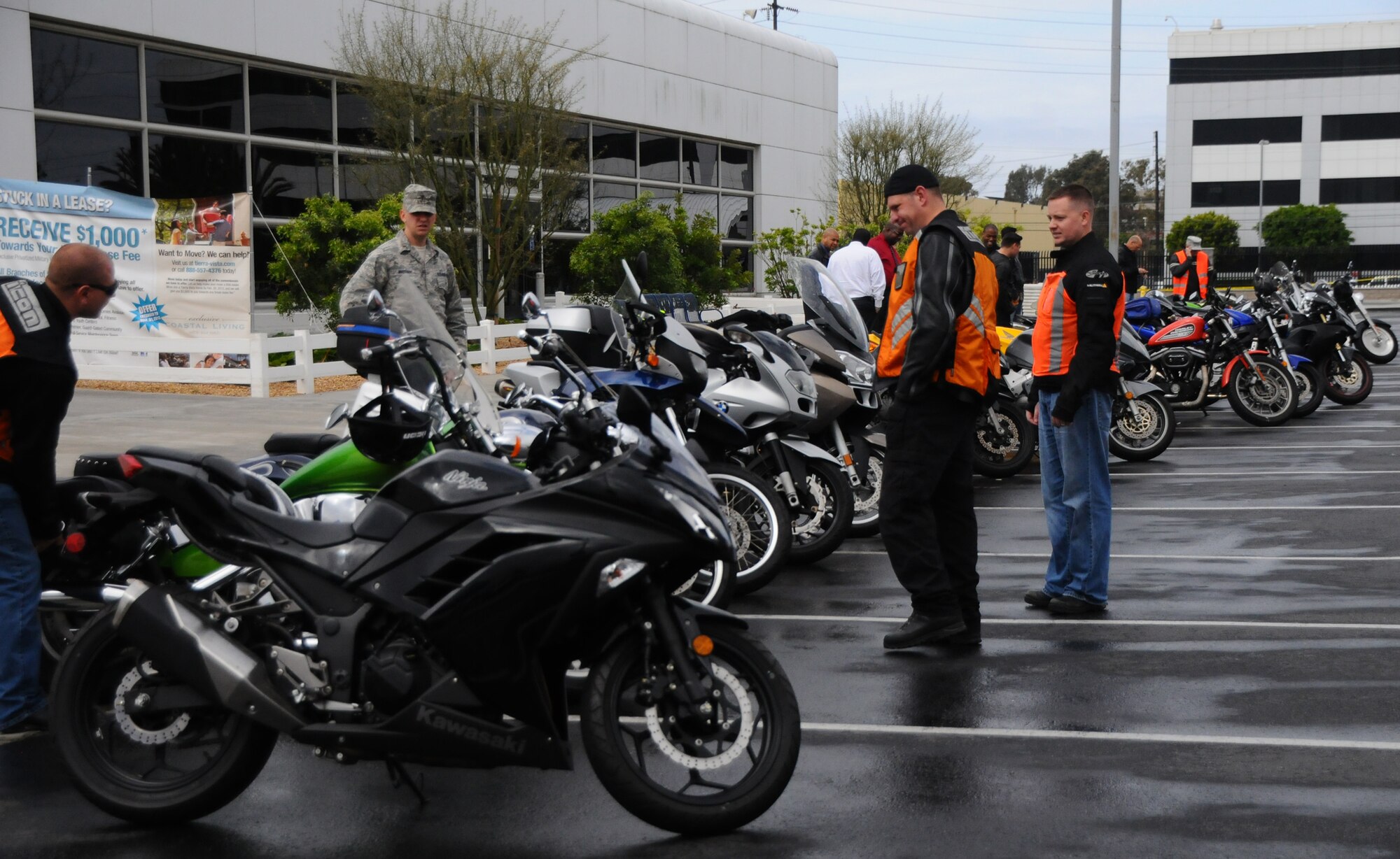 Riders inspect motorcycles during Los Angeles AFB’s annual Motorcycle Safety Day, April 15. The event included safety briefings from the Los Angeles County Coroner’s Office, Aerospace Motorcycle Club and the Academy of Motorcycle Operation, and a guided mentorship ride. (Photo by Van Ha) 