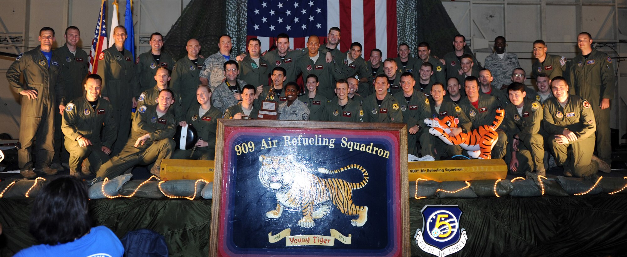 The 909th Air Refueling Squadron took home the Squadron of the Year award at the Warrior Banquet on Kadena Air Base, Japan, April 19, 2013. This banquet was held to honor the accomplishments of 18th Operations Group personnel in 2012. (U.S. Air Force photo by Airman 1st Class Hailey R. Davis/Released)
